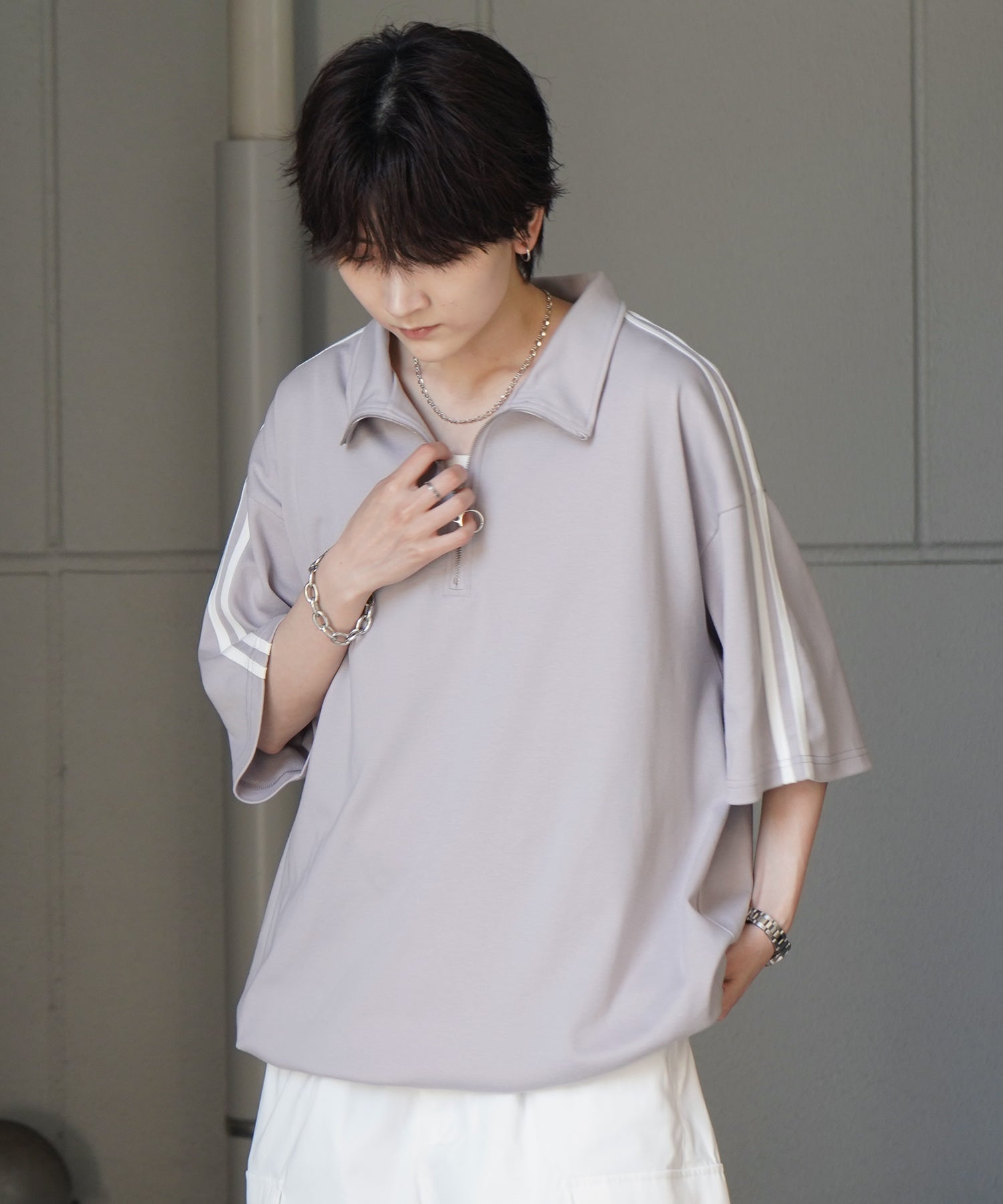 25SS ナチュラルドレープ とろみポンチ ルーズシルエット ドロスト サイドライン ハーフジップ半袖Tシャツ