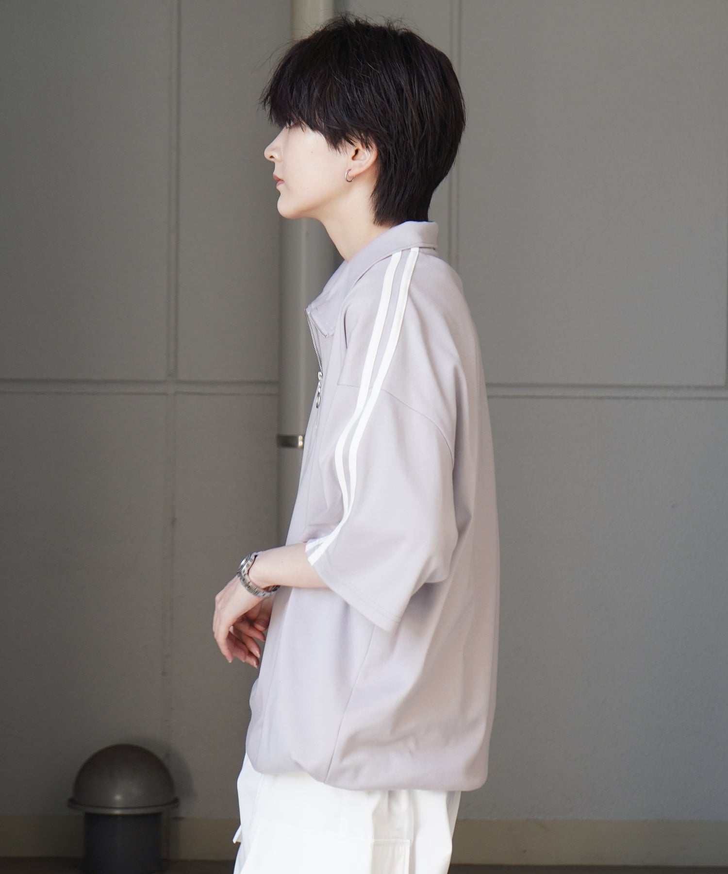 25SS ナチュラルドレープ とろみポンチ ルーズシルエット ドロスト サイドライン ハーフジップ半袖Tシャツ