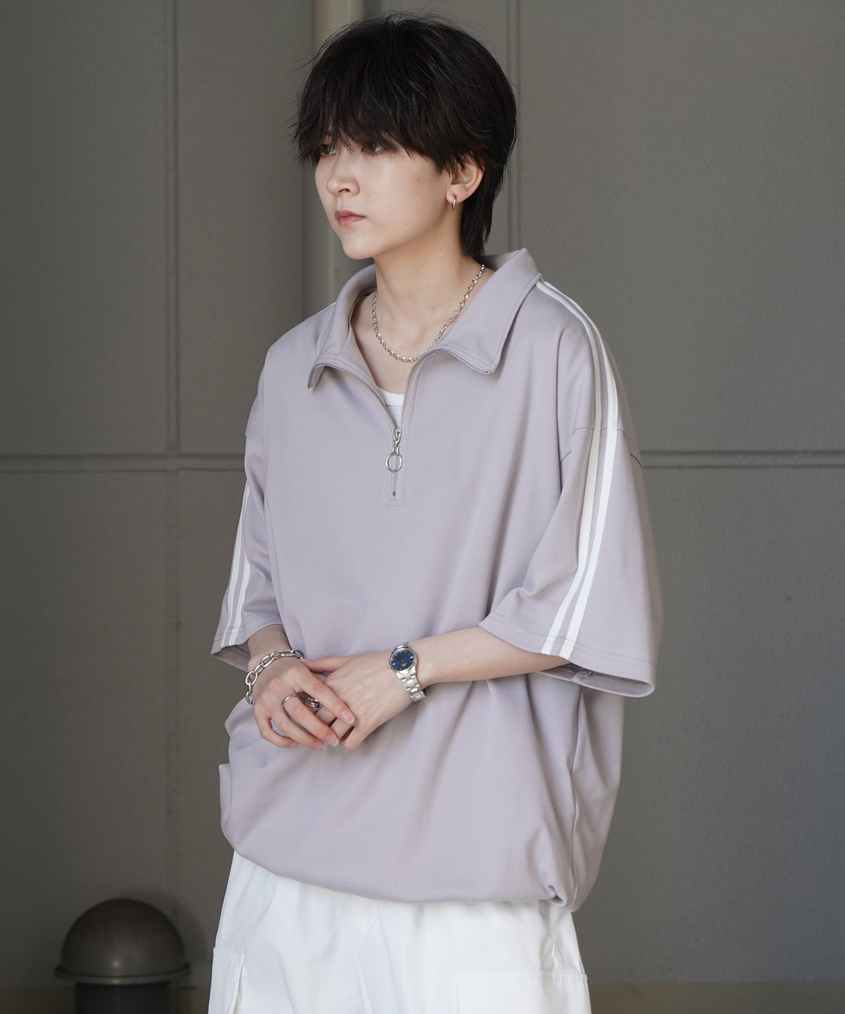 25SS ナチュラルドレープ とろみポンチ ルーズシルエット ドロスト サイドライン ハーフジップ半袖Tシャツ