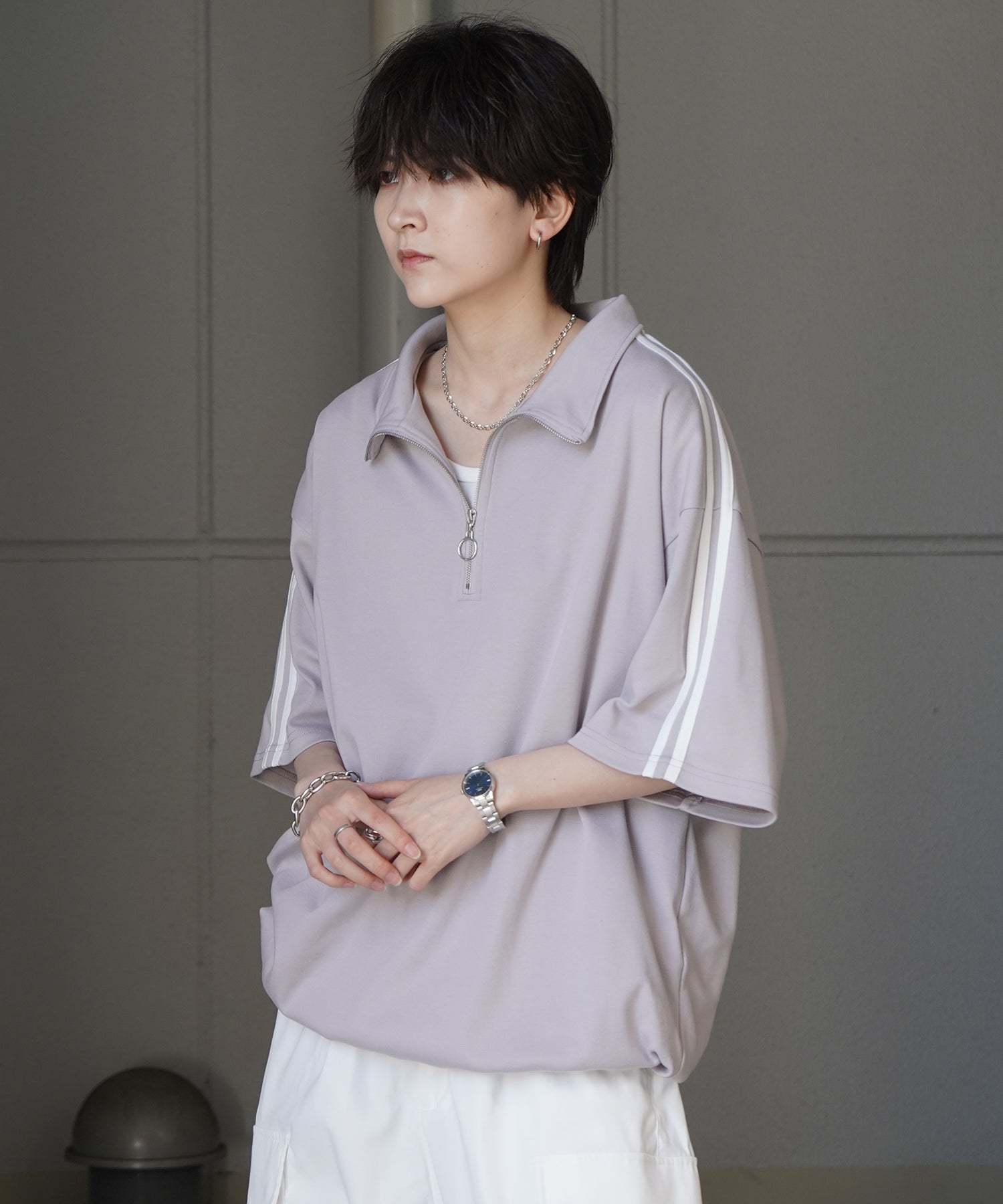 25SS ナチュラルドレープ とろみポンチ ルーズシルエット ドロスト サイドライン ハーフジップ半袖Tシャツ