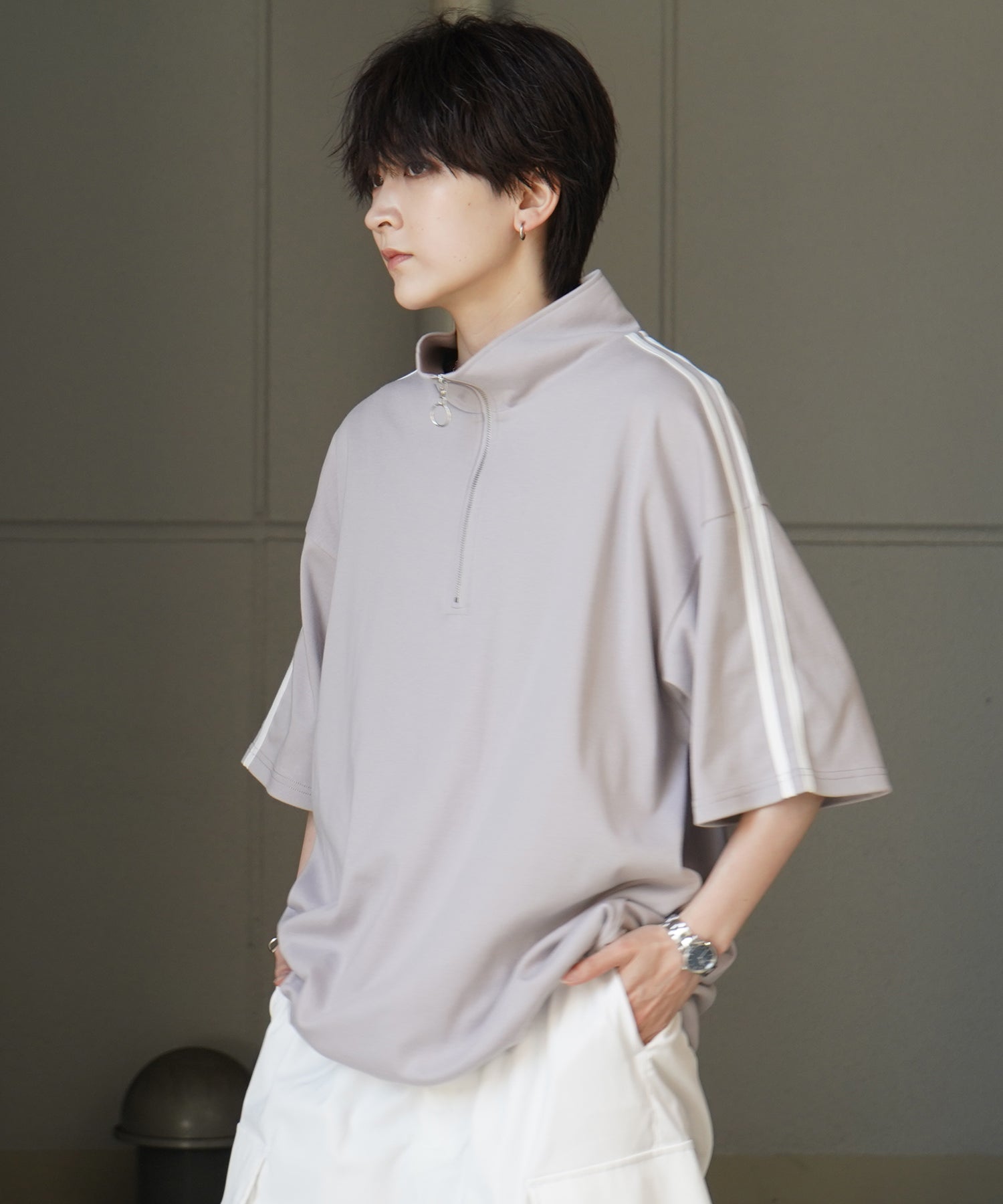 25SS ナチュラルドレープ とろみポンチ ルーズシルエット ドロスト サイドライン ハーフジップ半袖Tシャツ