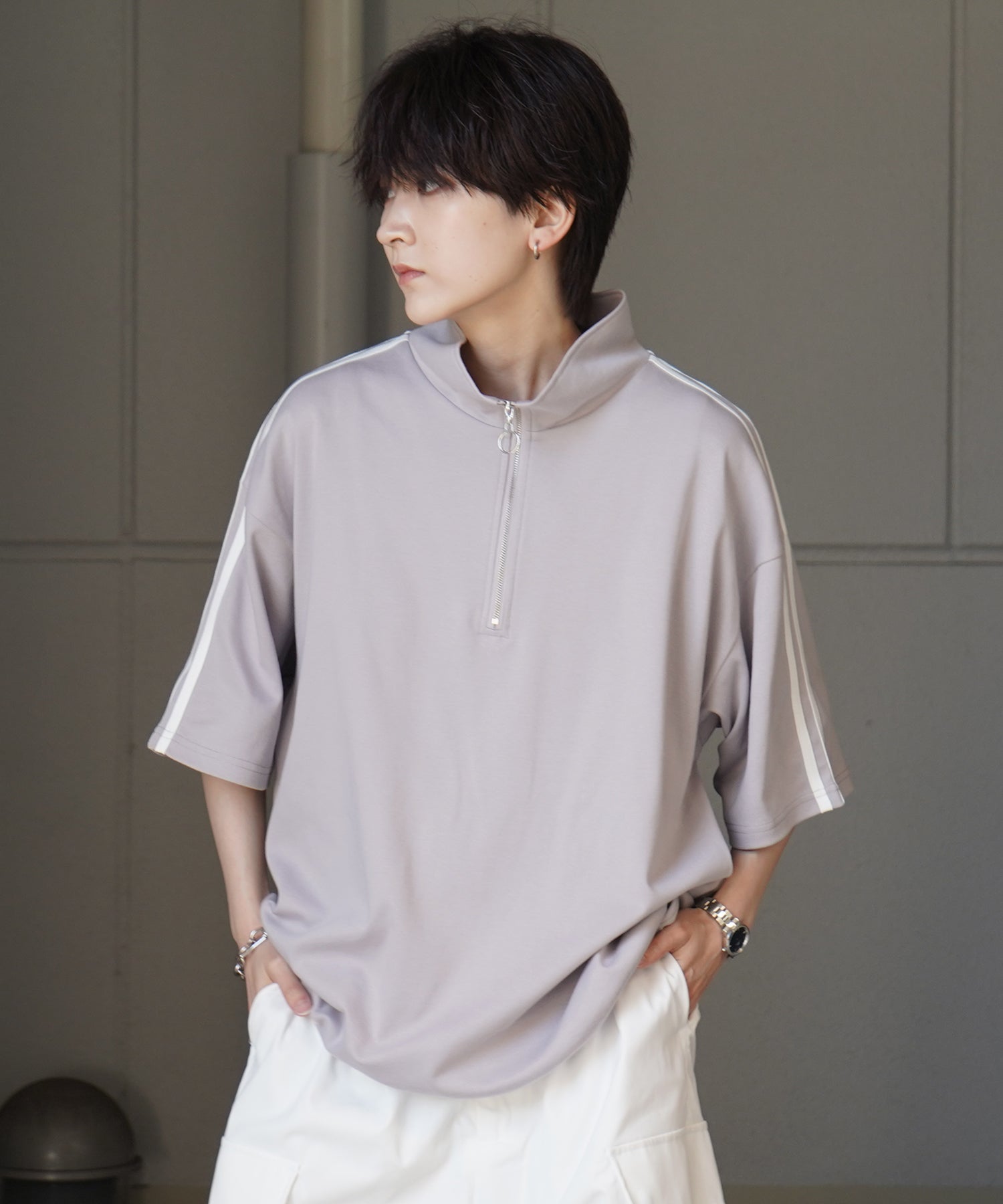 25SS ナチュラルドレープ とろみポンチ ルーズシルエット ドロスト サイドライン ハーフジップ半袖Tシャツ