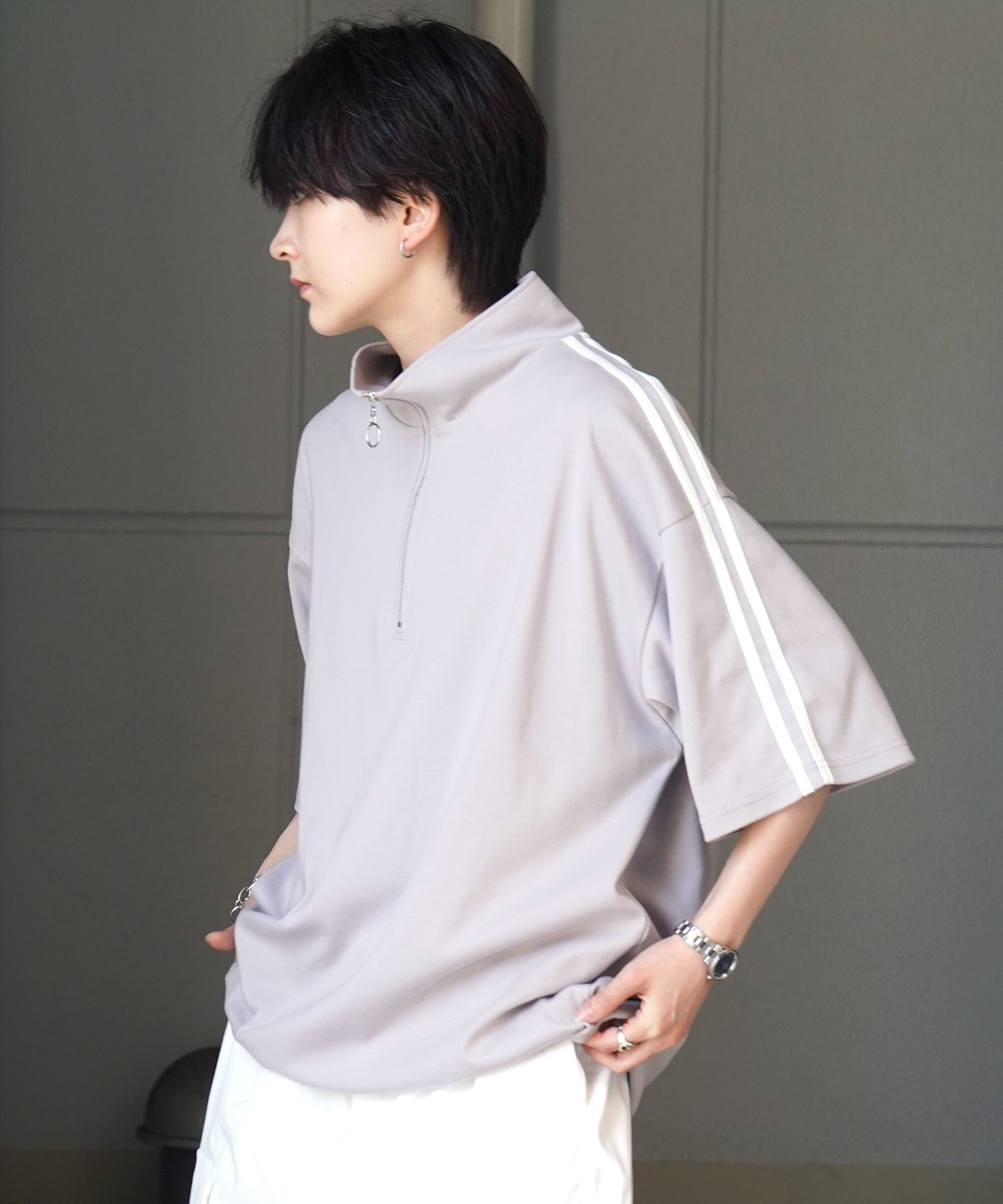 25SS ナチュラルドレープ とろみポンチ ルーズシルエット ドロスト サイドライン ハーフジップ半袖Tシャツ