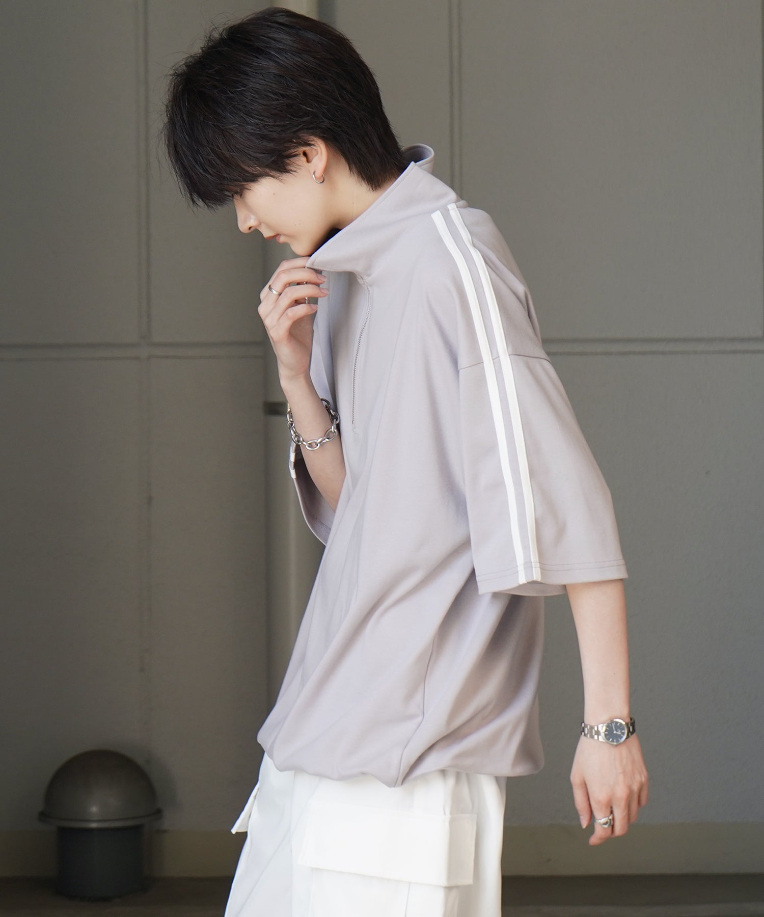 25SS ナチュラルドレープ とろみポンチ ルーズシルエット ドロスト サイドライン ハーフジップ半袖Tシャツ