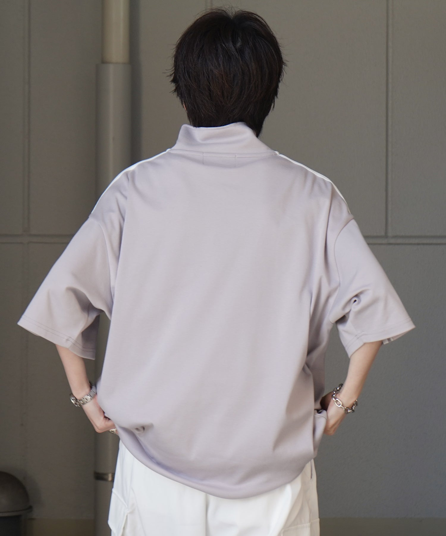 25SS ナチュラルドレープ とろみポンチ ルーズシルエット ドロスト サイドライン ハーフジップ半袖Tシャツ