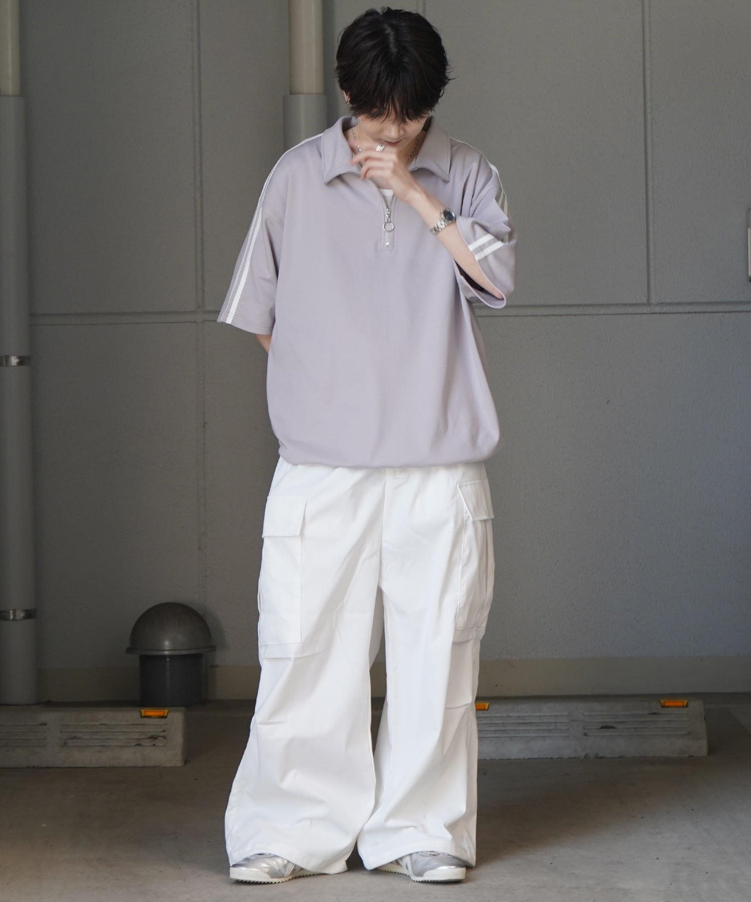 25SS ナチュラルドレープ とろみポンチ ルーズシルエット ドロスト サイドライン ハーフジップ半袖Tシャツ