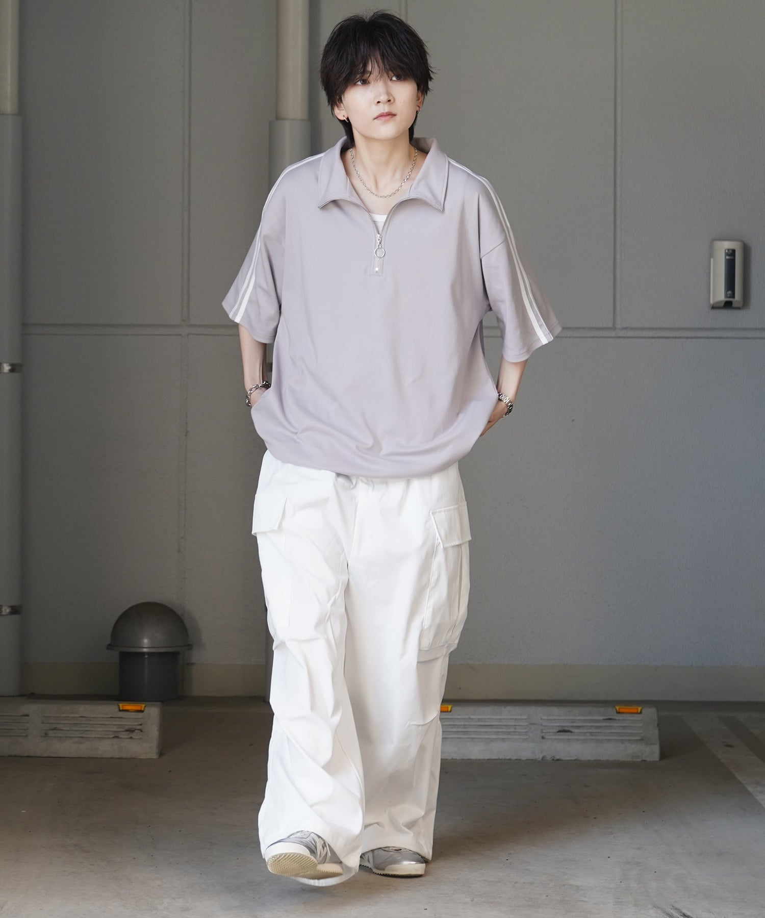 25SS ナチュラルドレープ とろみポンチ ルーズシルエット ドロスト サイドライン ハーフジップ半袖Tシャツ