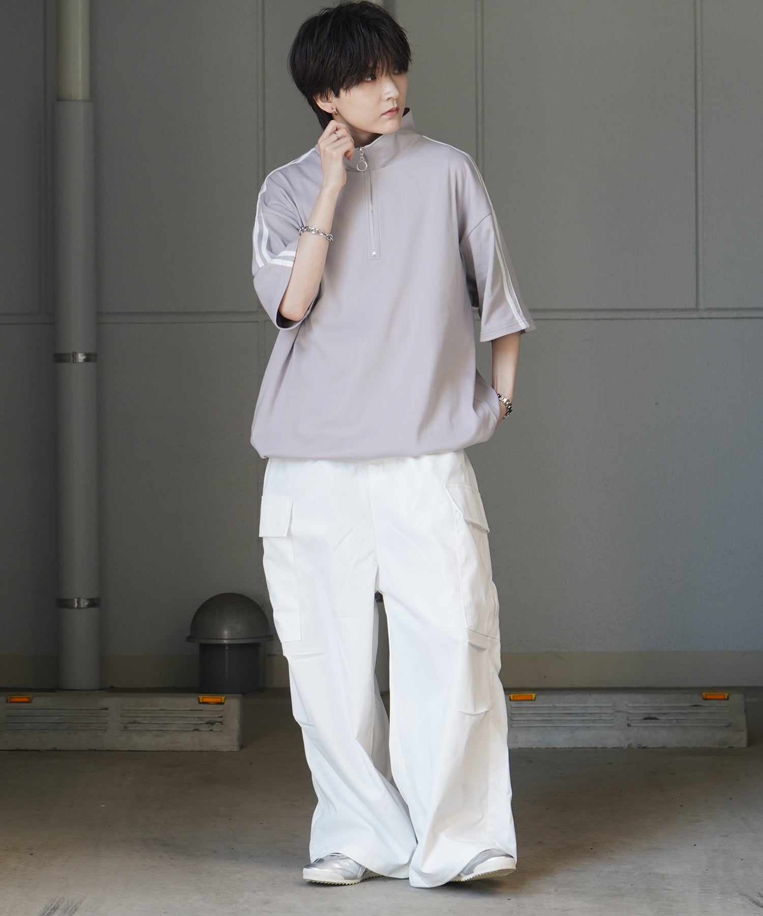 25SS ナチュラルドレープ とろみポンチ ルーズシルエット ドロスト サイドライン ハーフジップ半袖Tシャツ