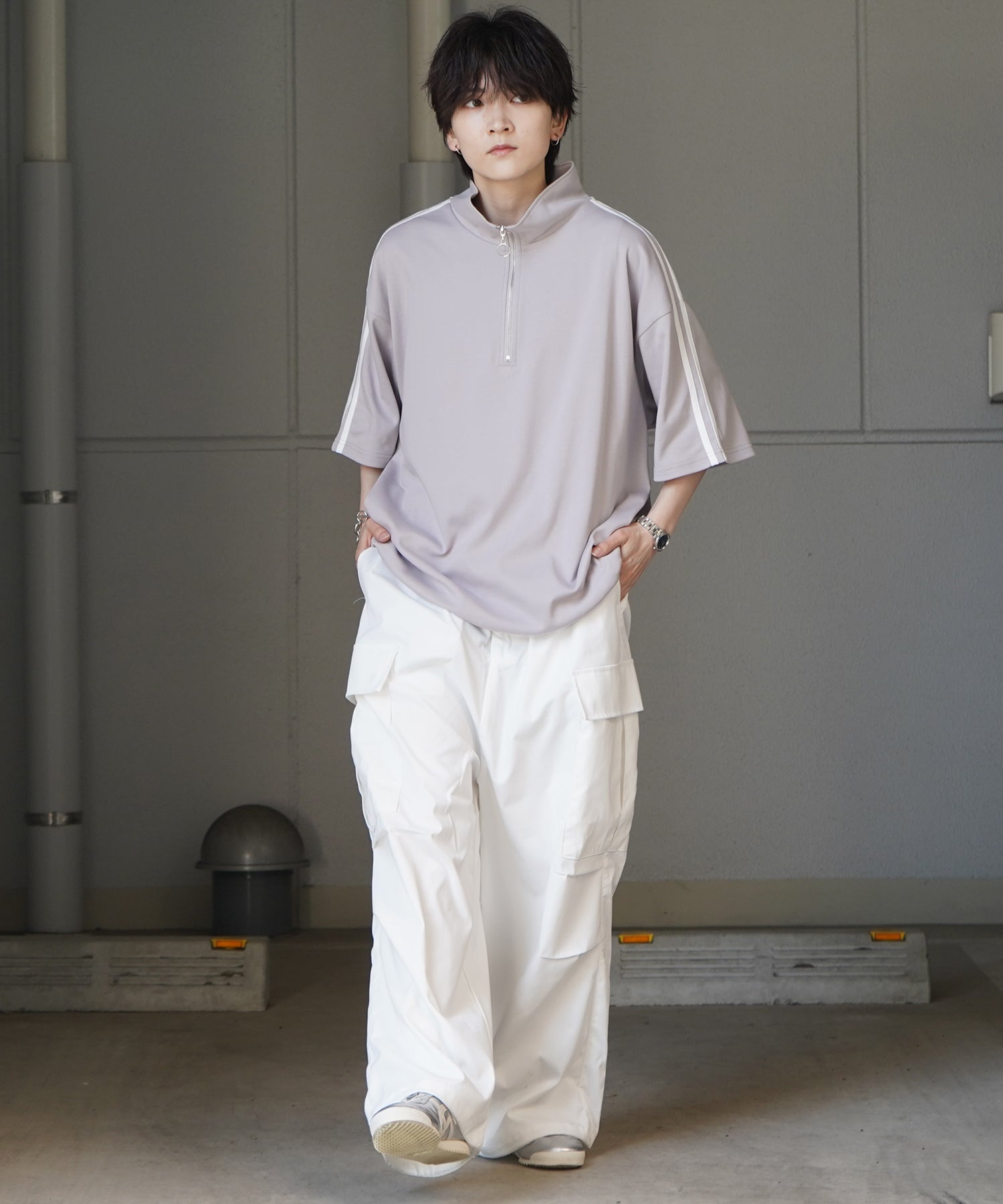 25SS ナチュラルドレープ とろみポンチ ルーズシルエット ドロスト サイドライン ハーフジップ半袖Tシャツ