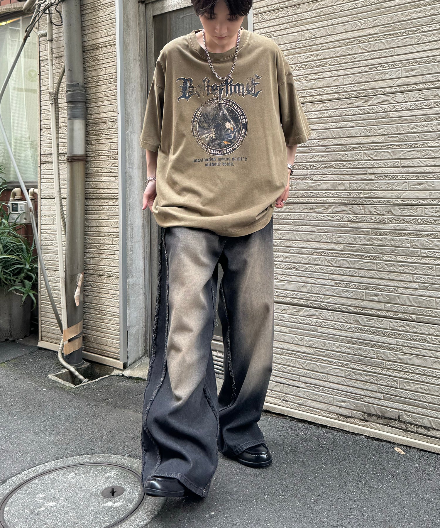 24SS ヴィンテージライク ロックプリント レトロ ピグメント加工 ビッグシルエット半袖バンドTシャツ