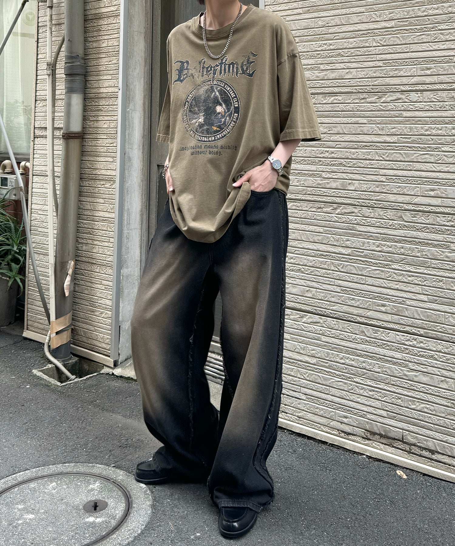 24SS ヴィンテージライク ロックプリント レトロ ピグメント加工 ビッグシルエット半袖バンドTシャツ