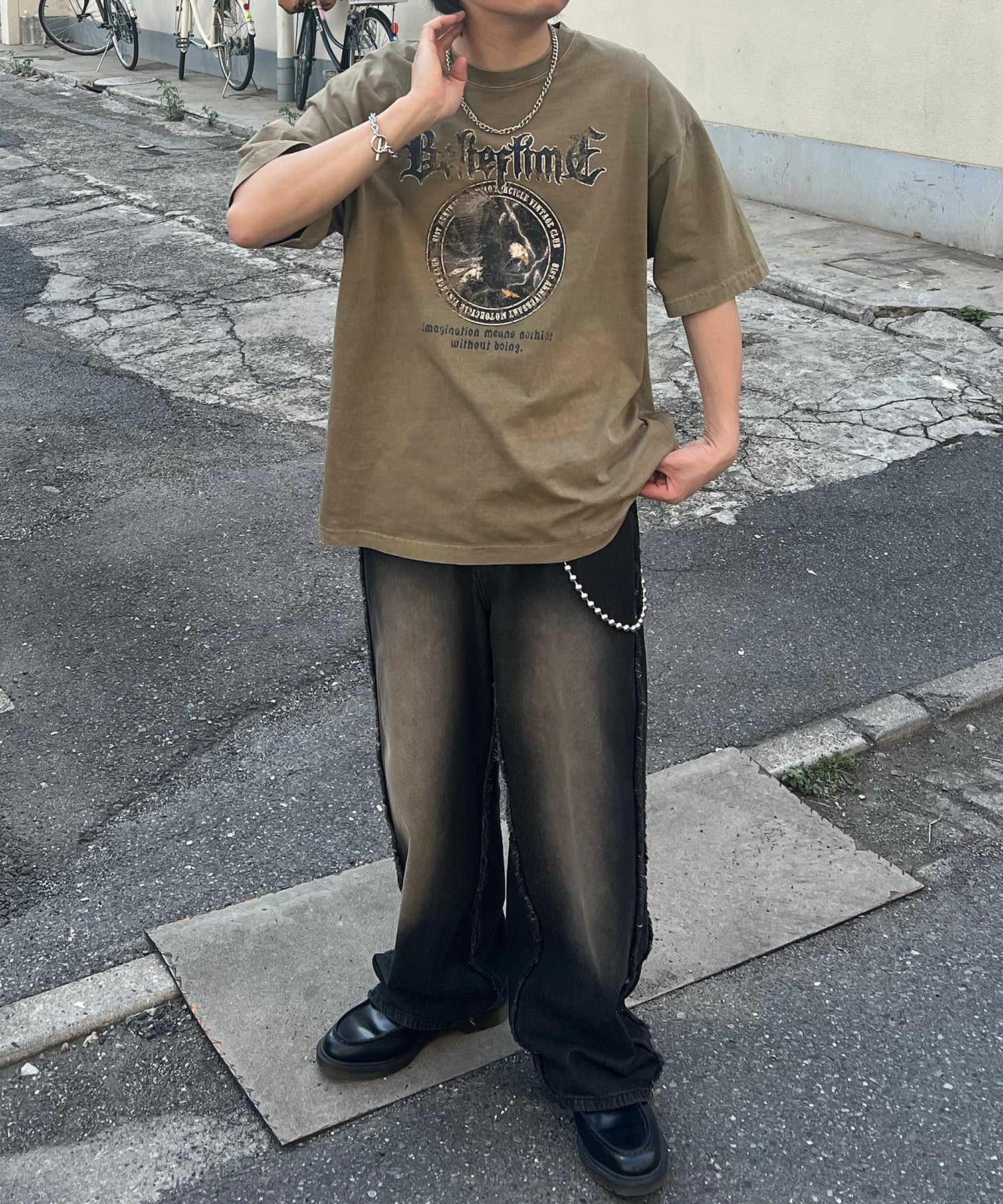 24SS ヴィンテージライク ロックプリント レトロ ピグメント加工 ビッグシルエット半袖バンドTシャツ