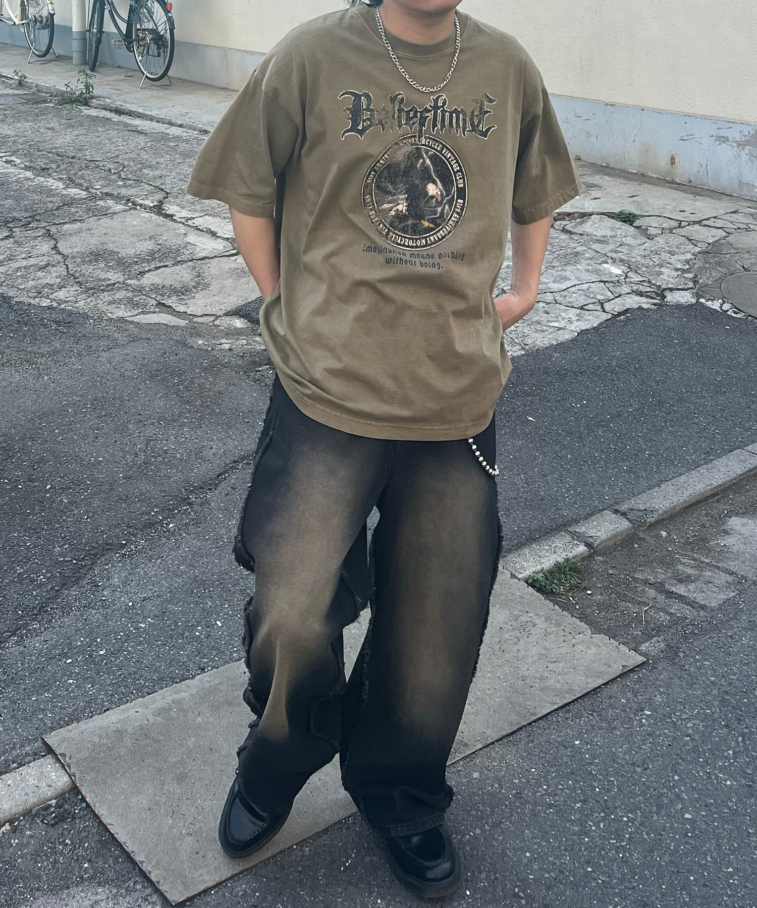 24SS ヴィンテージライク ロックプリント レトロ ピグメント加工 ビッグシルエット半袖バンドTシャツ