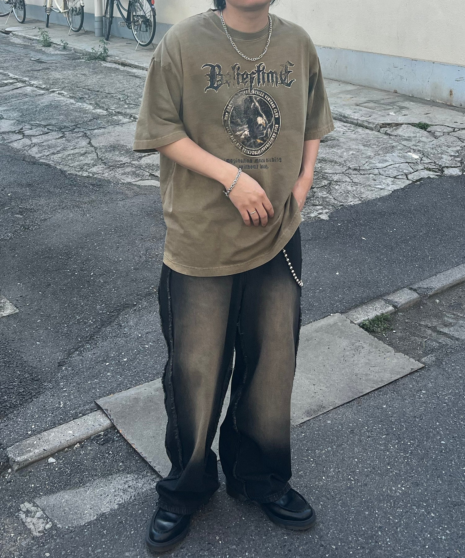 24SS ヴィンテージライク ロックプリント レトロ ピグメント加工 ビッグシルエット半袖バンドTシャツ