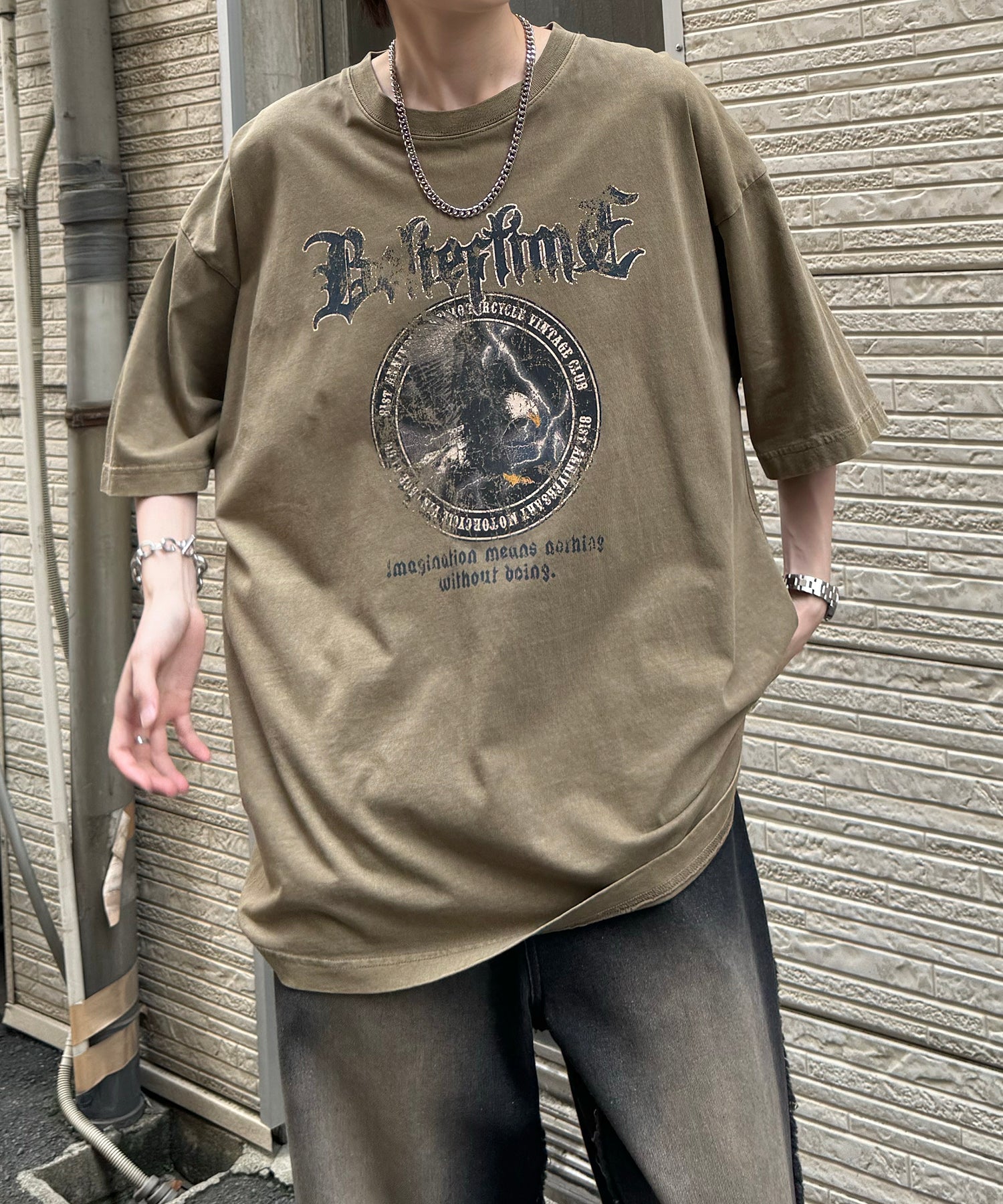 24SS ヴィンテージライク ロックプリント レトロ ピグメント加工 ビッグシルエット半袖バンドTシャツ