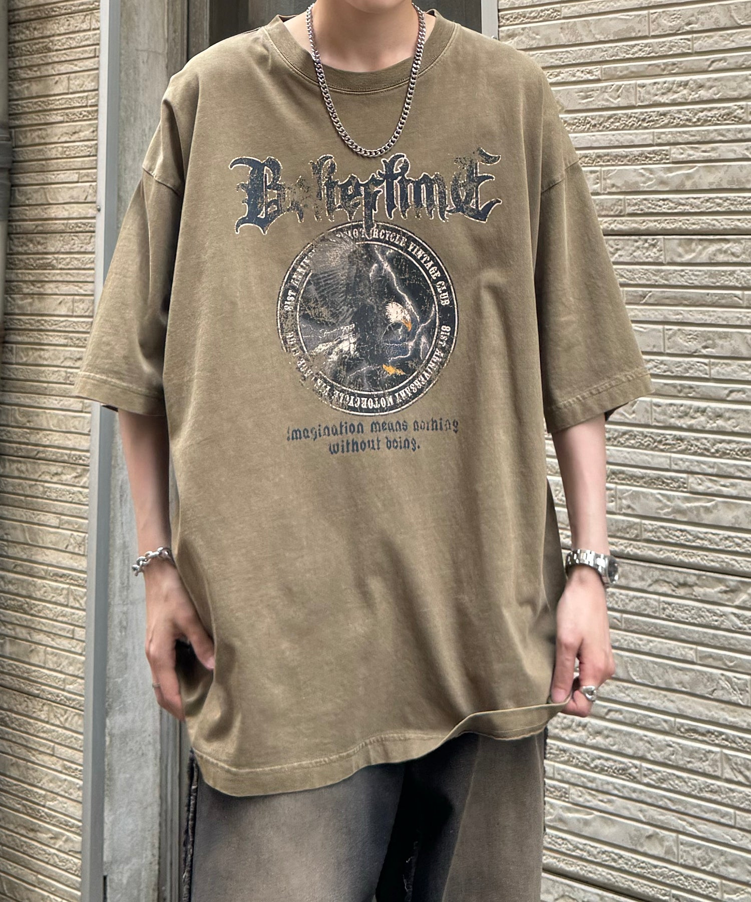 24SS ヴィンテージライク ロックプリント レトロ ピグメント加工 ビッグシルエット半袖バンドTシャツ