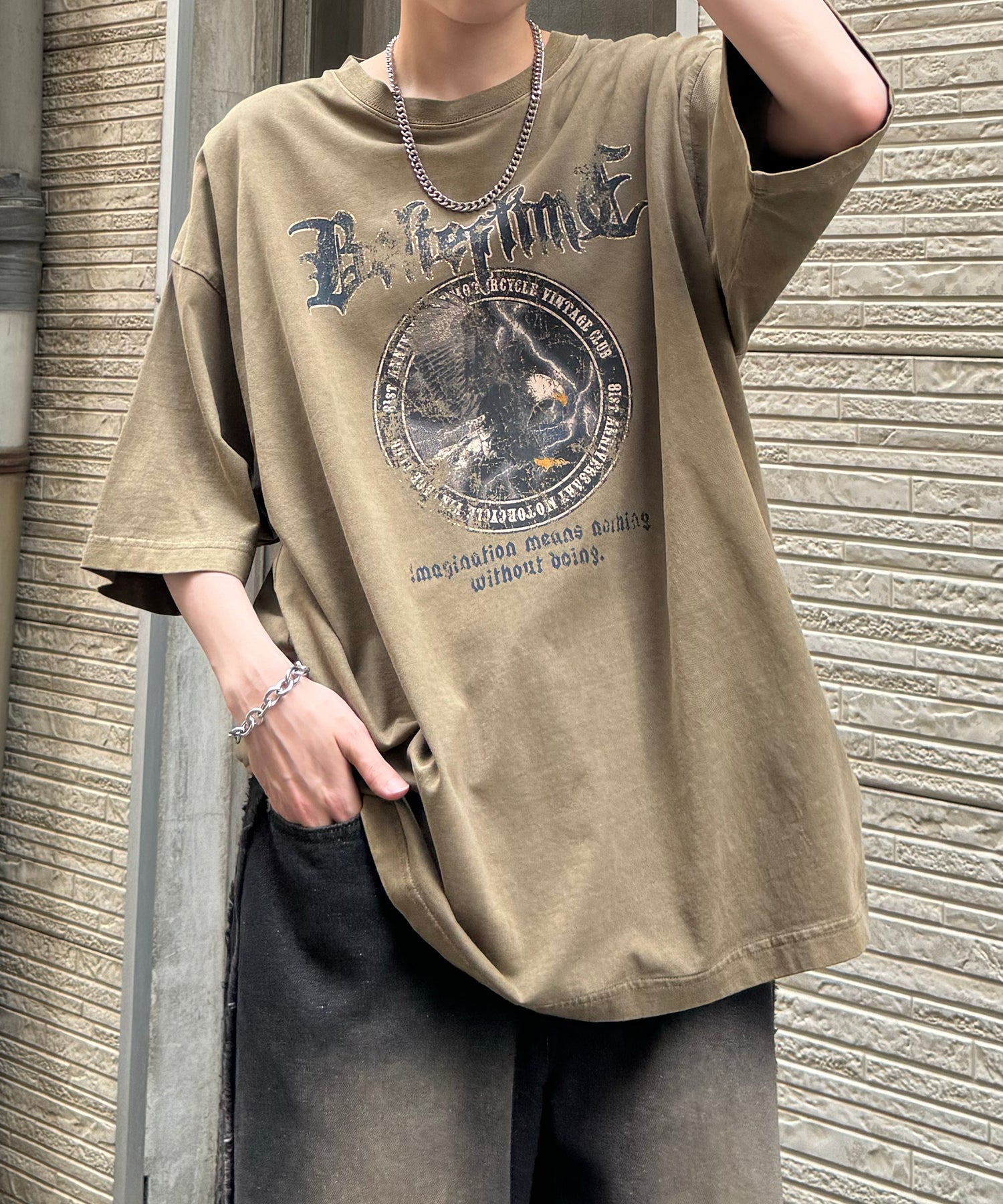 24SS ヴィンテージライク ロックプリント レトロ ピグメント加工 ビッグシルエット半袖バンドTシャツ