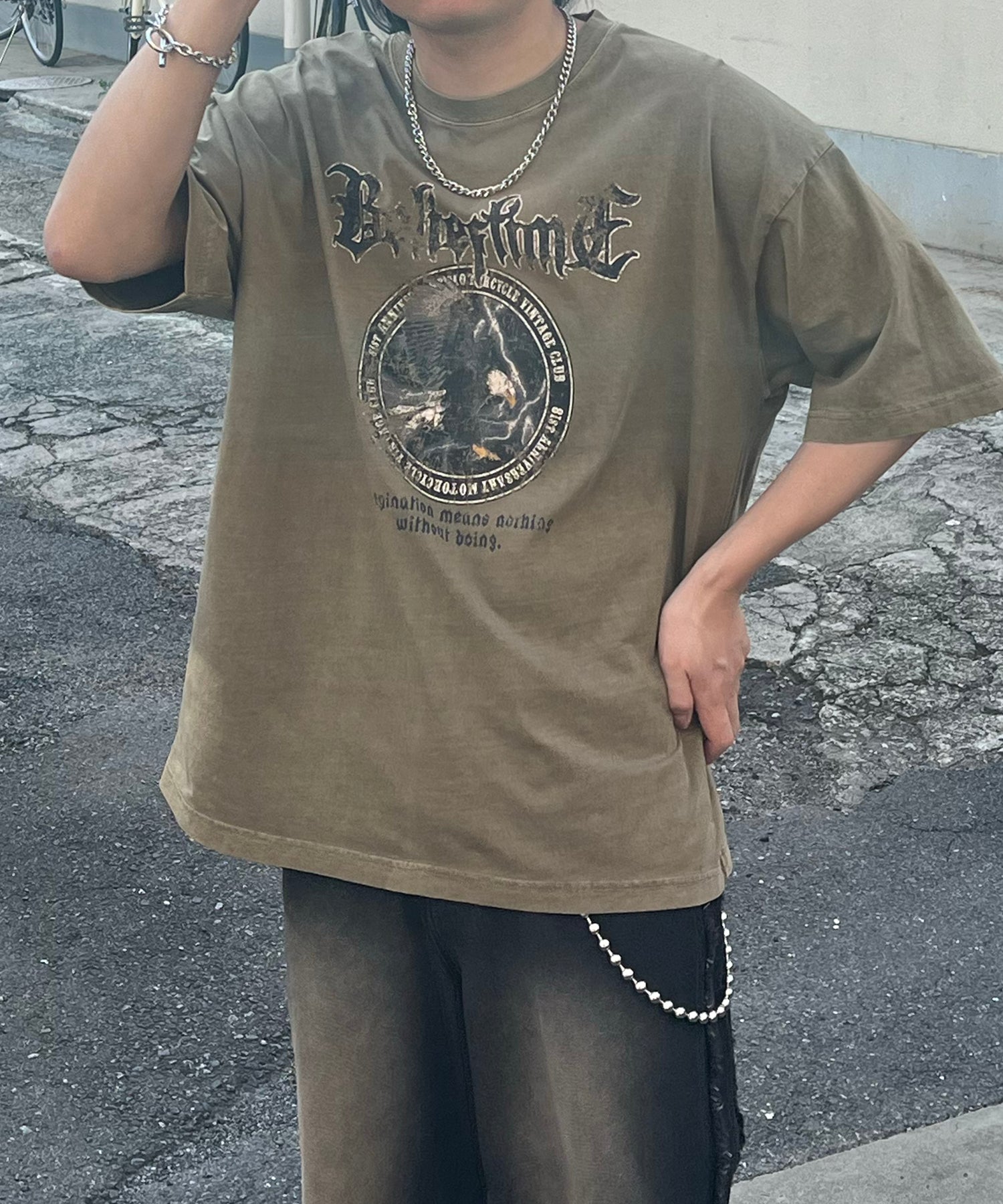 24SS ヴィンテージライク ロックプリント レトロ ピグメント加工 ビッグシルエット半袖バンドTシャツ