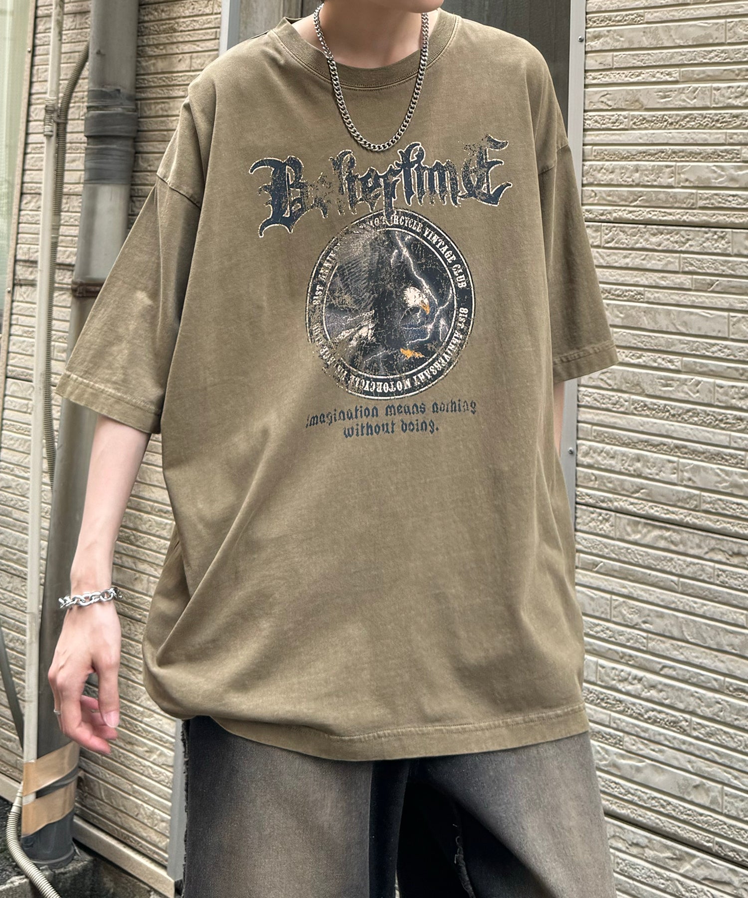 24SS ヴィンテージライク ロックプリント レトロ ピグメント加工 ビッグシルエット半袖バンドTシャツ