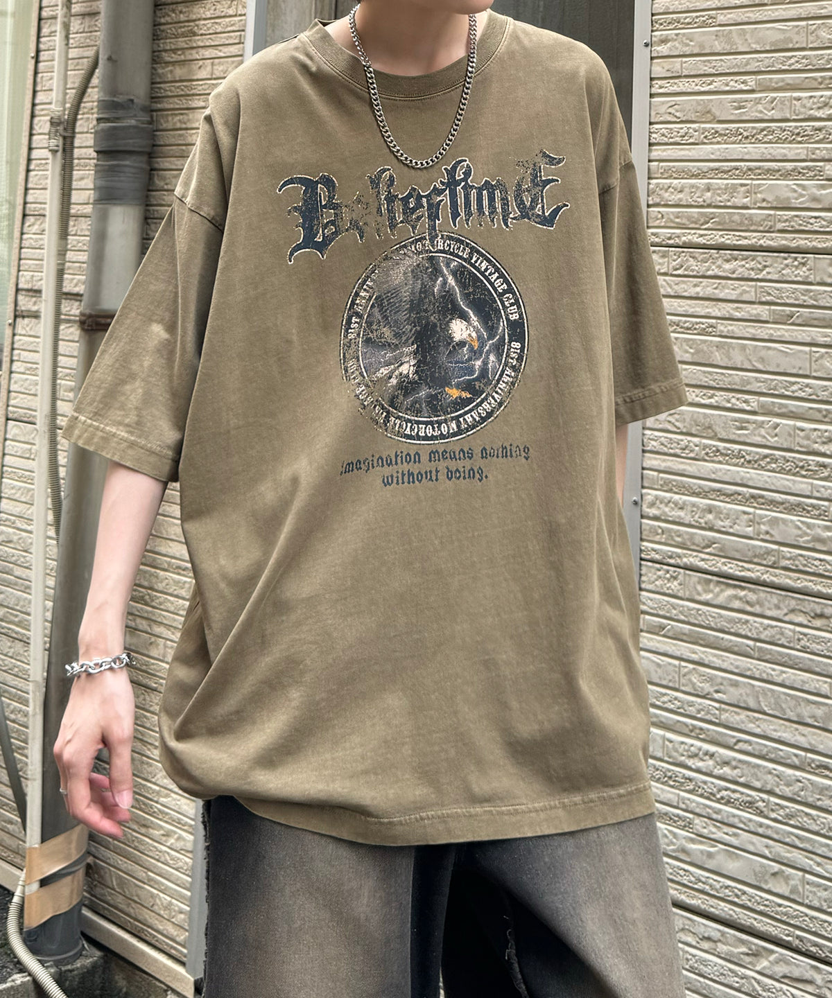 24SS ヴィンテージライク ロックプリント レトロ ピグメント加工 ビッグシルエット半袖バンドTシャツ