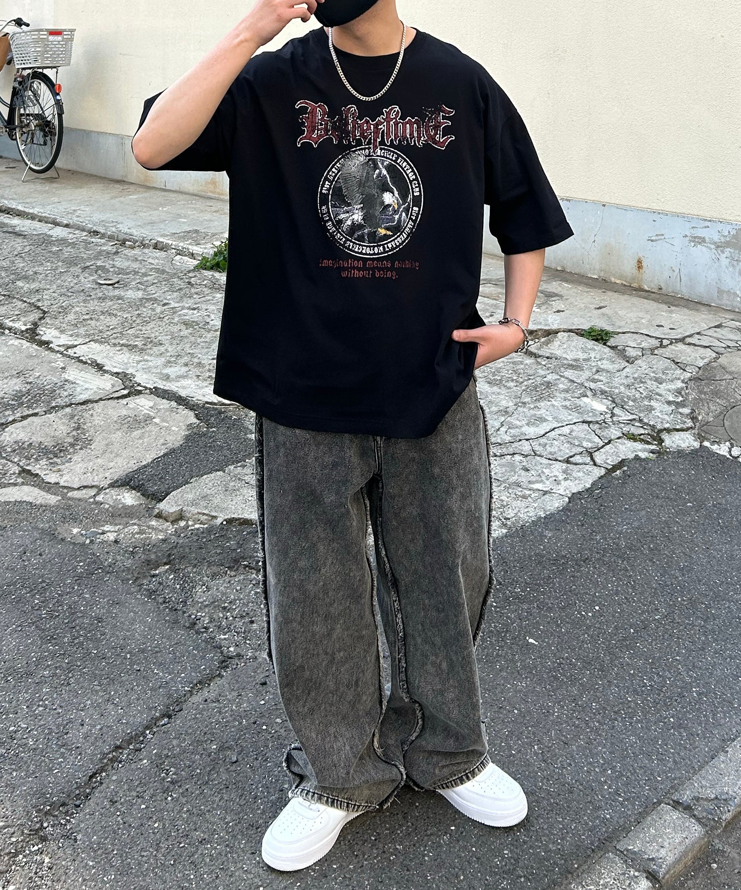 24SS ヴィンテージライク ロックプリント レトロ ピグメント加工 ビッグシルエット半袖バンドTシャツ