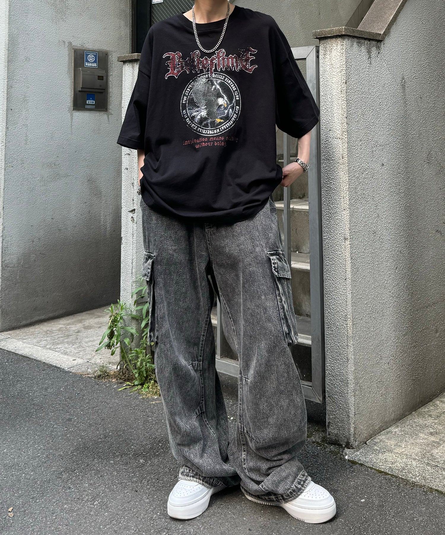 24SS ヴィンテージライク ロックプリント レトロ ピグメント加工 ビッグシルエット半袖バンドTシャツ