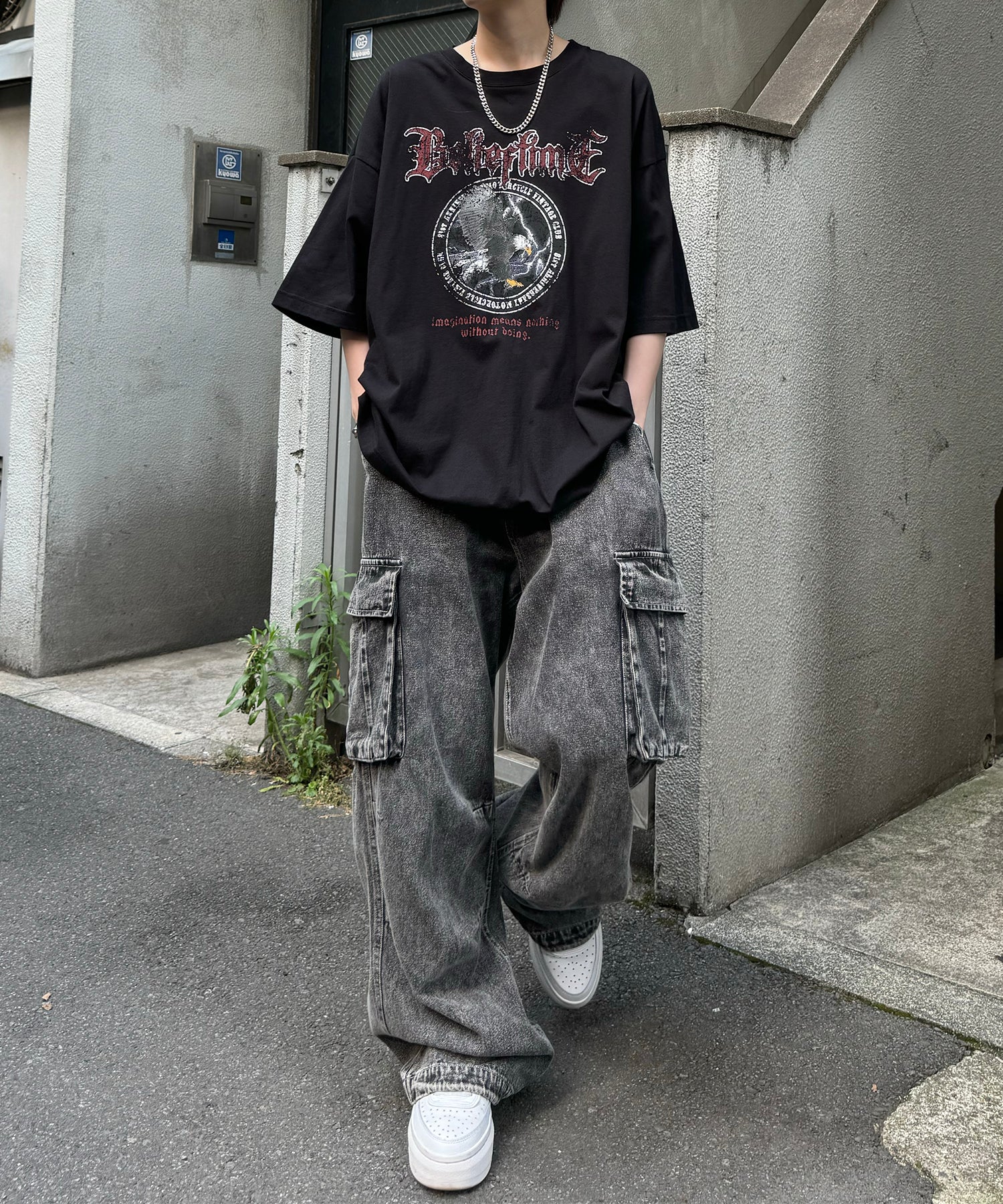 24SS ヴィンテージライク ロックプリント レトロ ピグメント加工 ビッグシルエット半袖バンドTシャツ