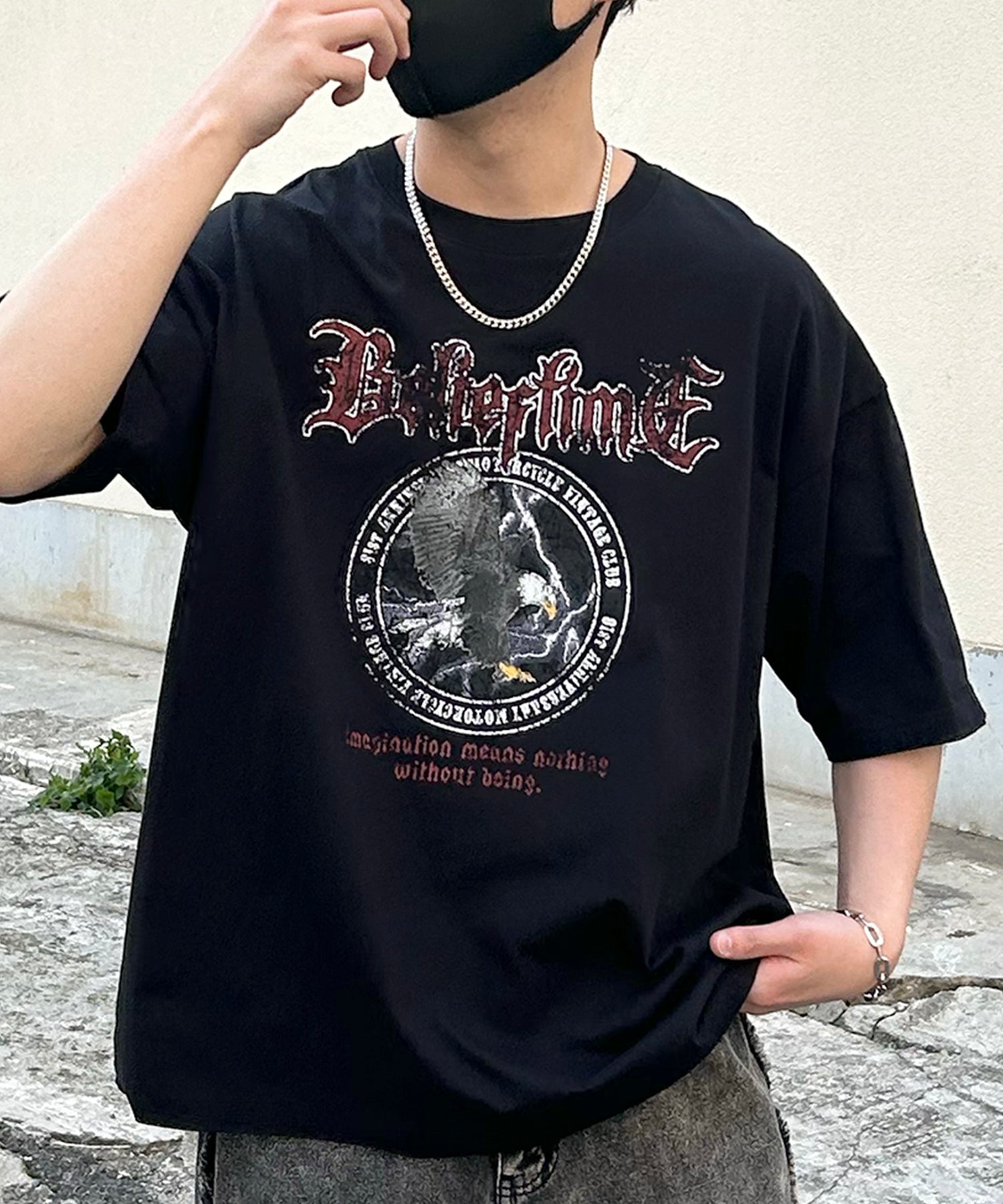 24SS ヴィンテージライク ロックプリント レトロ ピグメント加工 ビッグシルエット半袖バンドTシャツ