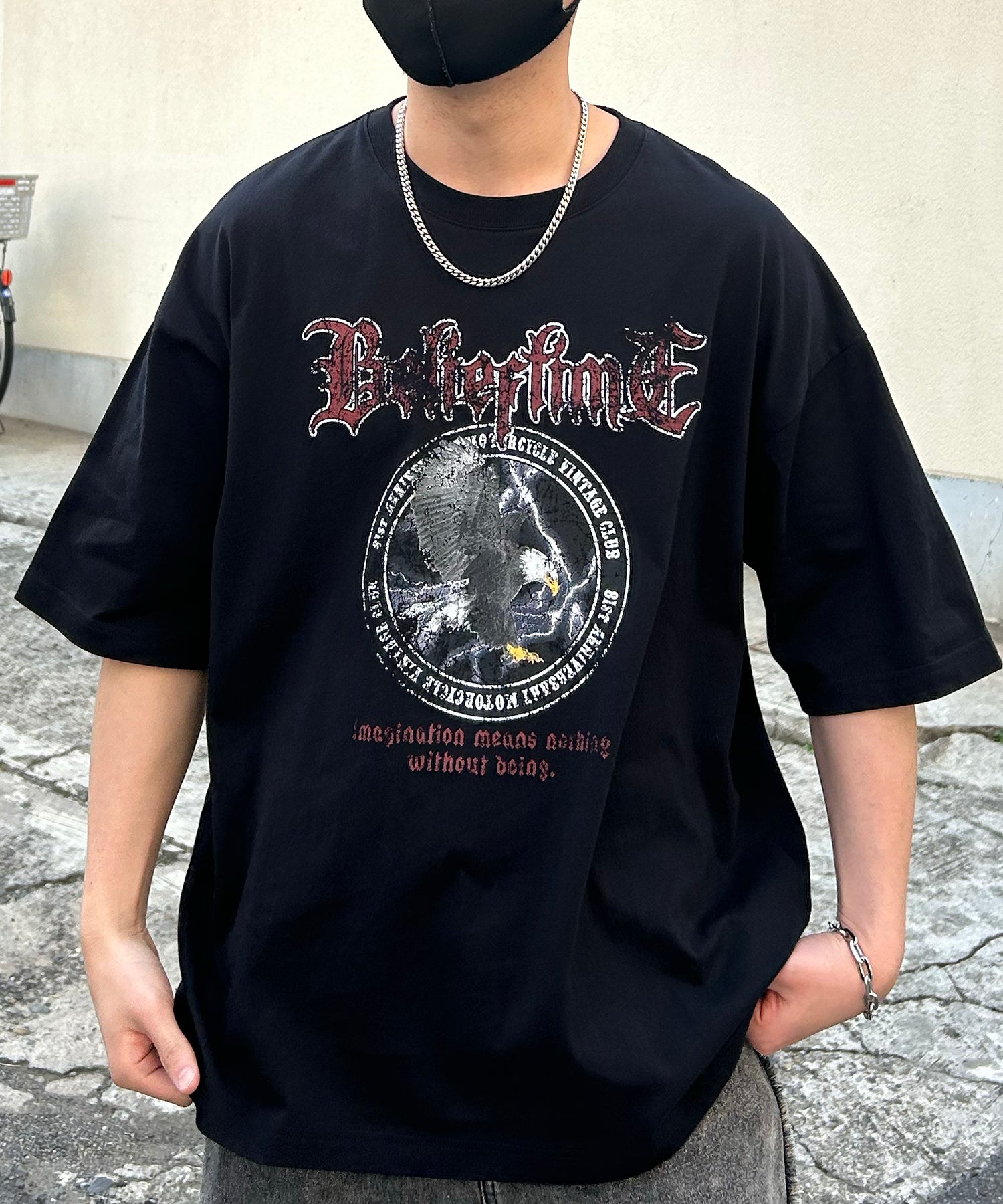 24SS ヴィンテージライク ロックプリント レトロ ピグメント加工 ビッグシルエット半袖バンドTシャツ