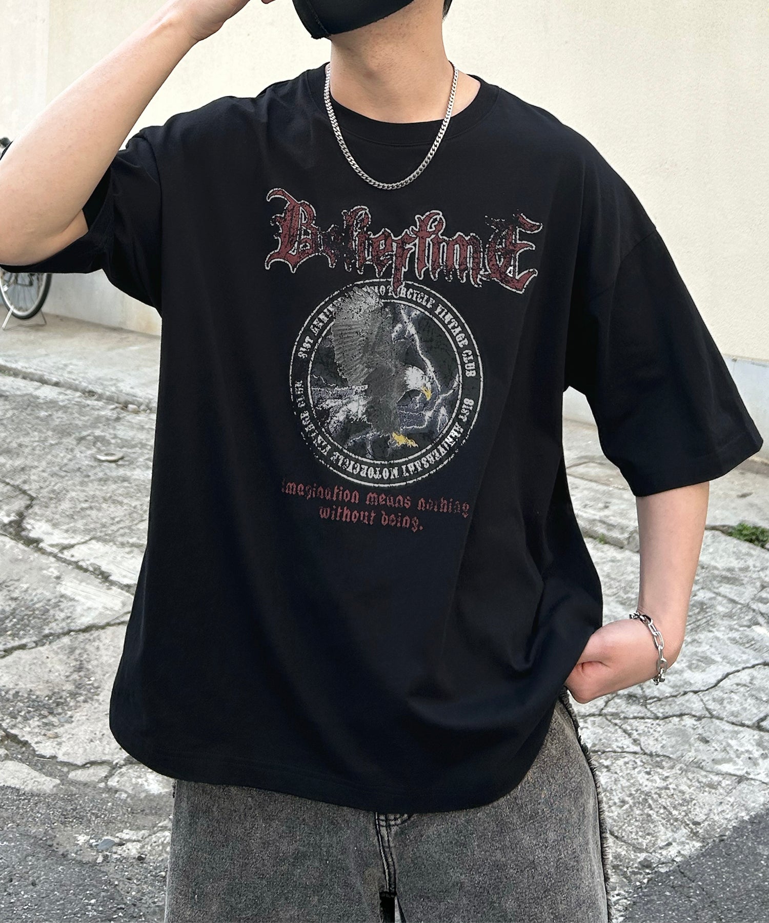 24SS ヴィンテージライク ロックプリント レトロ ピグメント加工 ビッグシルエット半袖バンドTシャツ