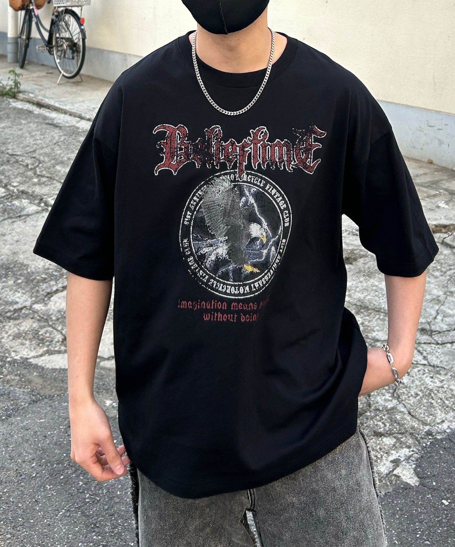 24SS ヴィンテージライク ロックプリント レトロ ピグメント加工 ビッグシルエット半袖バンドTシャツ