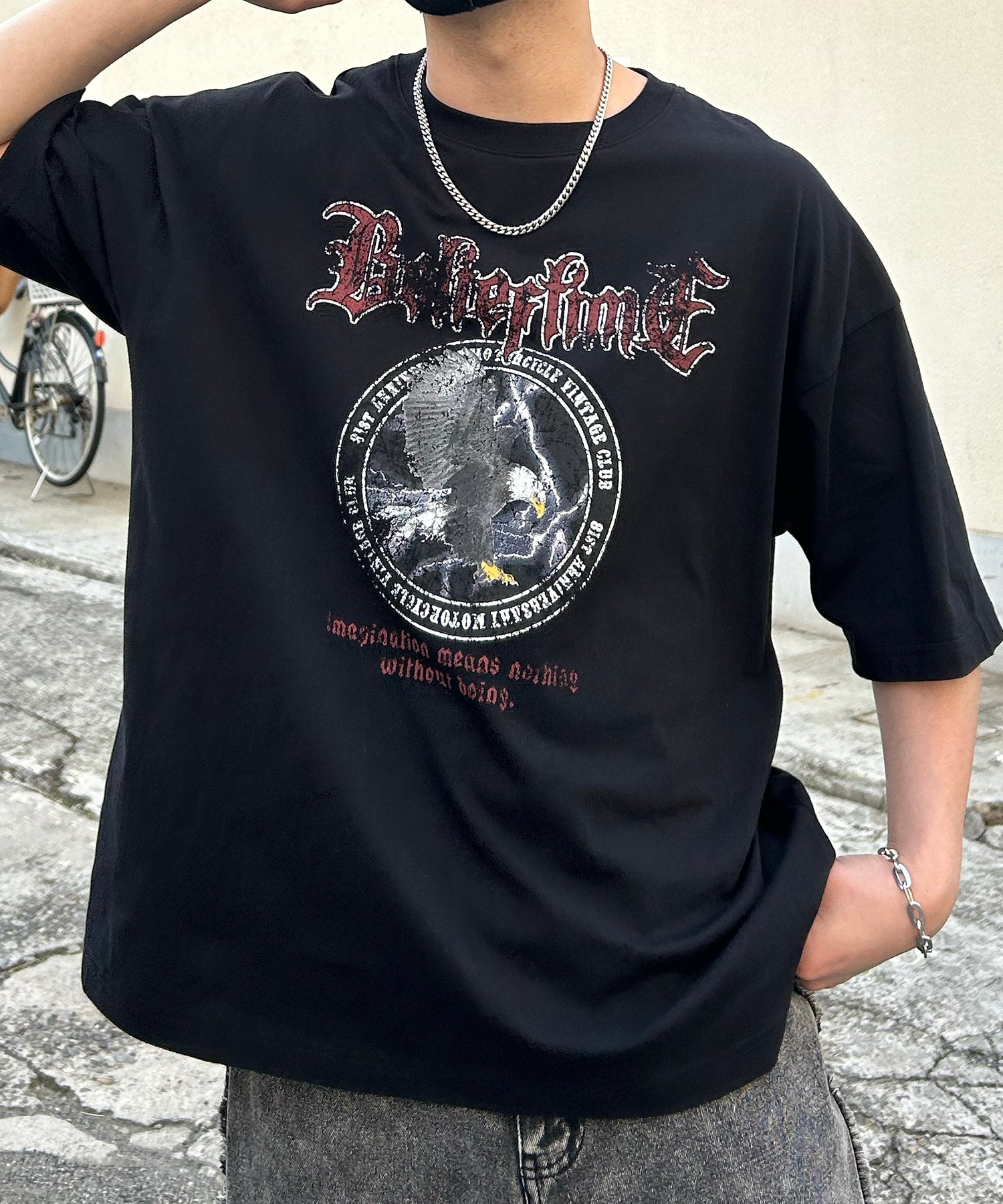 24SS ヴィンテージライク ロックプリント レトロ ピグメント加工 ビッグシルエット半袖バンドTシャツ