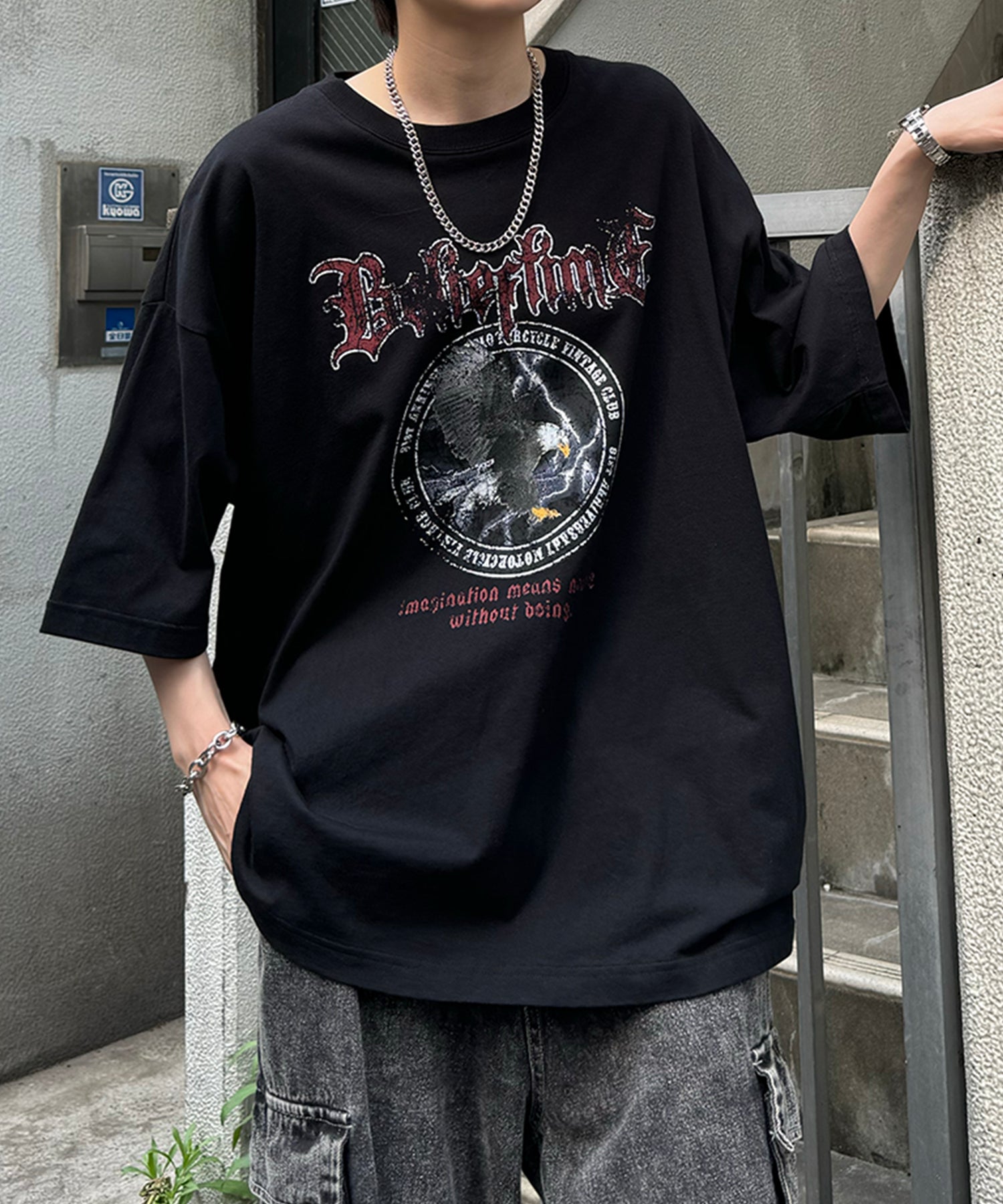 24SS ヴィンテージライク ロックプリント レトロ ピグメント加工 ビッグシルエット半袖バンドTシャツ