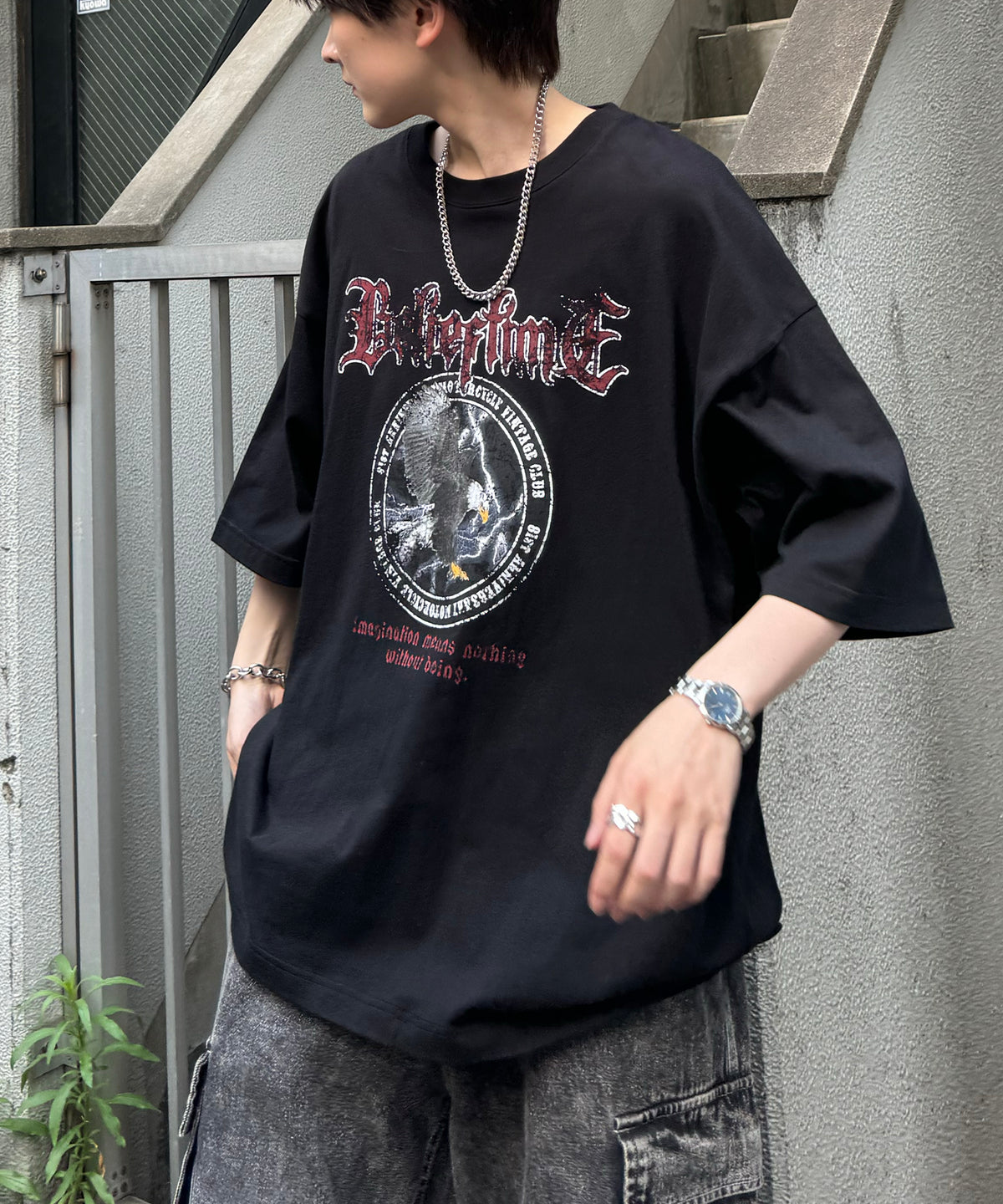 24SS ヴィンテージライク ロックプリント レトロ ピグメント加工 ビッグシルエット半袖バンドTシャツ
