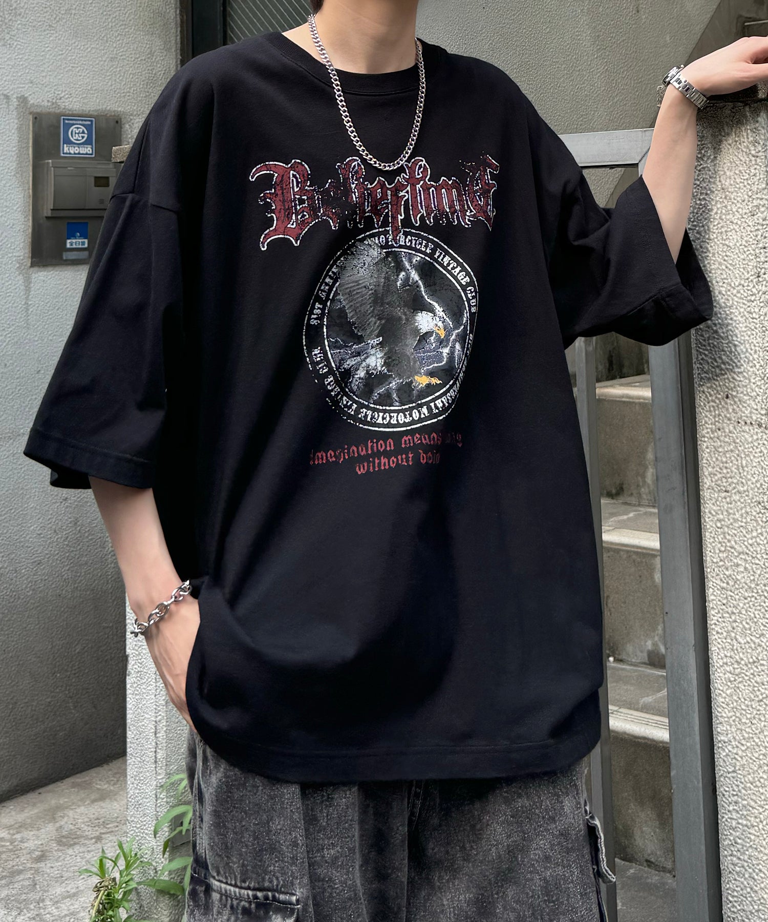 24SS ヴィンテージライク ロックプリント レトロ ピグメント加工 ビッグシルエット半袖バンドTシャツ