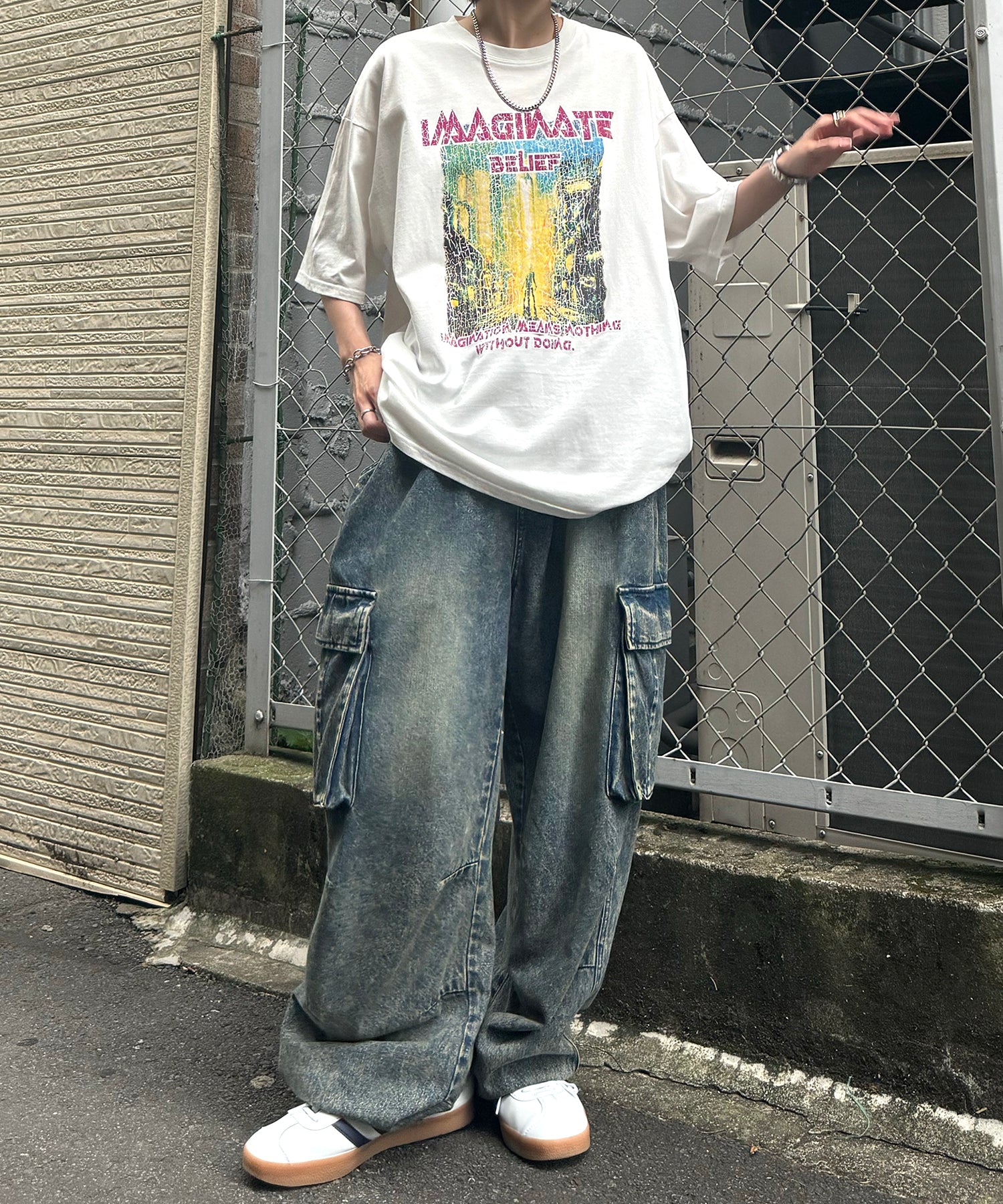 ヴィンテージライク ロックプリント レトロ ピグメント加工 ビッグシルエット半袖バンドTシャツ