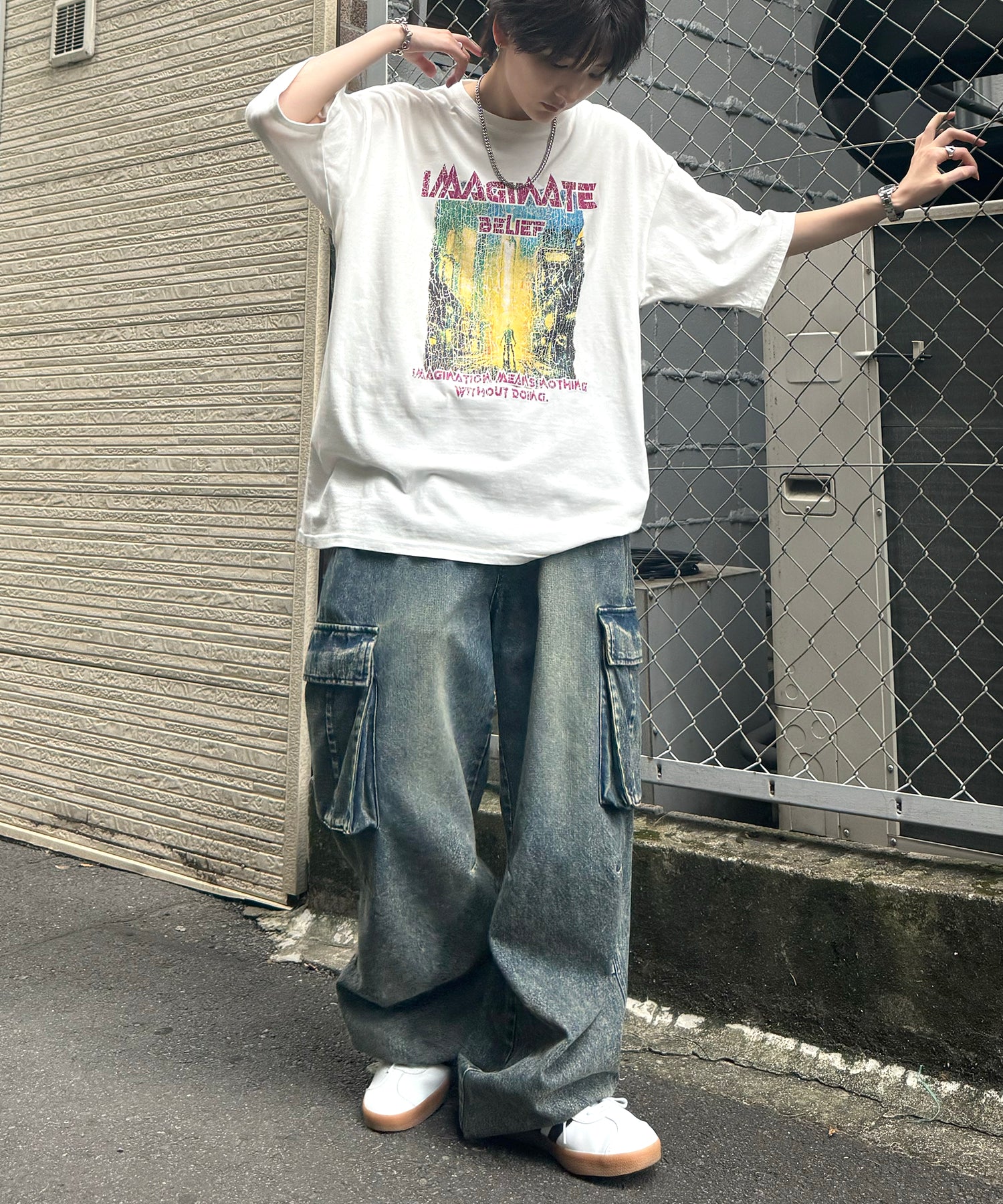 ヴィンテージライク ロックプリント レトロ ピグメント加工 ビッグシルエット半袖バンドTシャツ