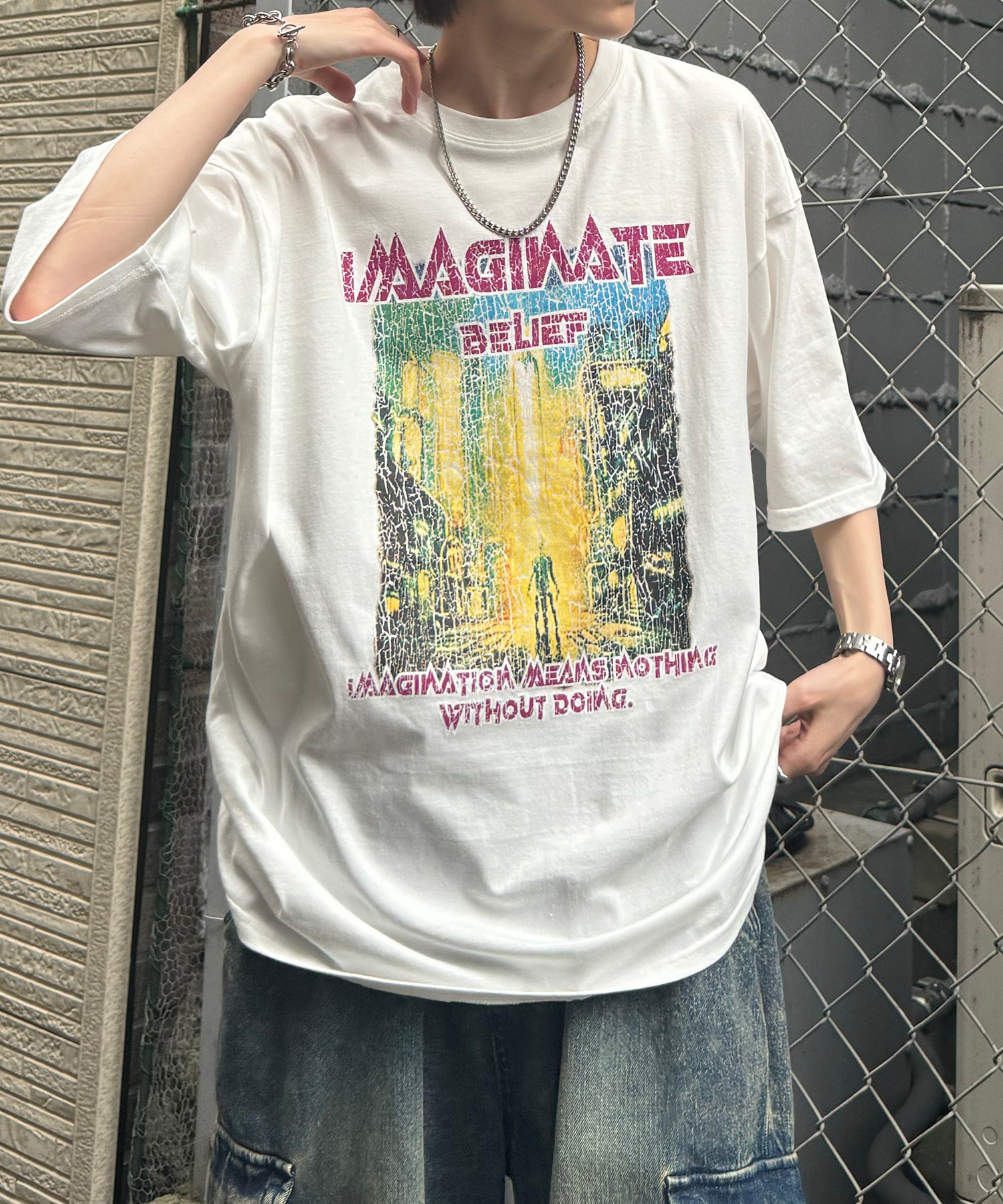 ヴィンテージライク ロックプリント レトロ ピグメント加工 ビッグシルエット半袖バンドTシャツ