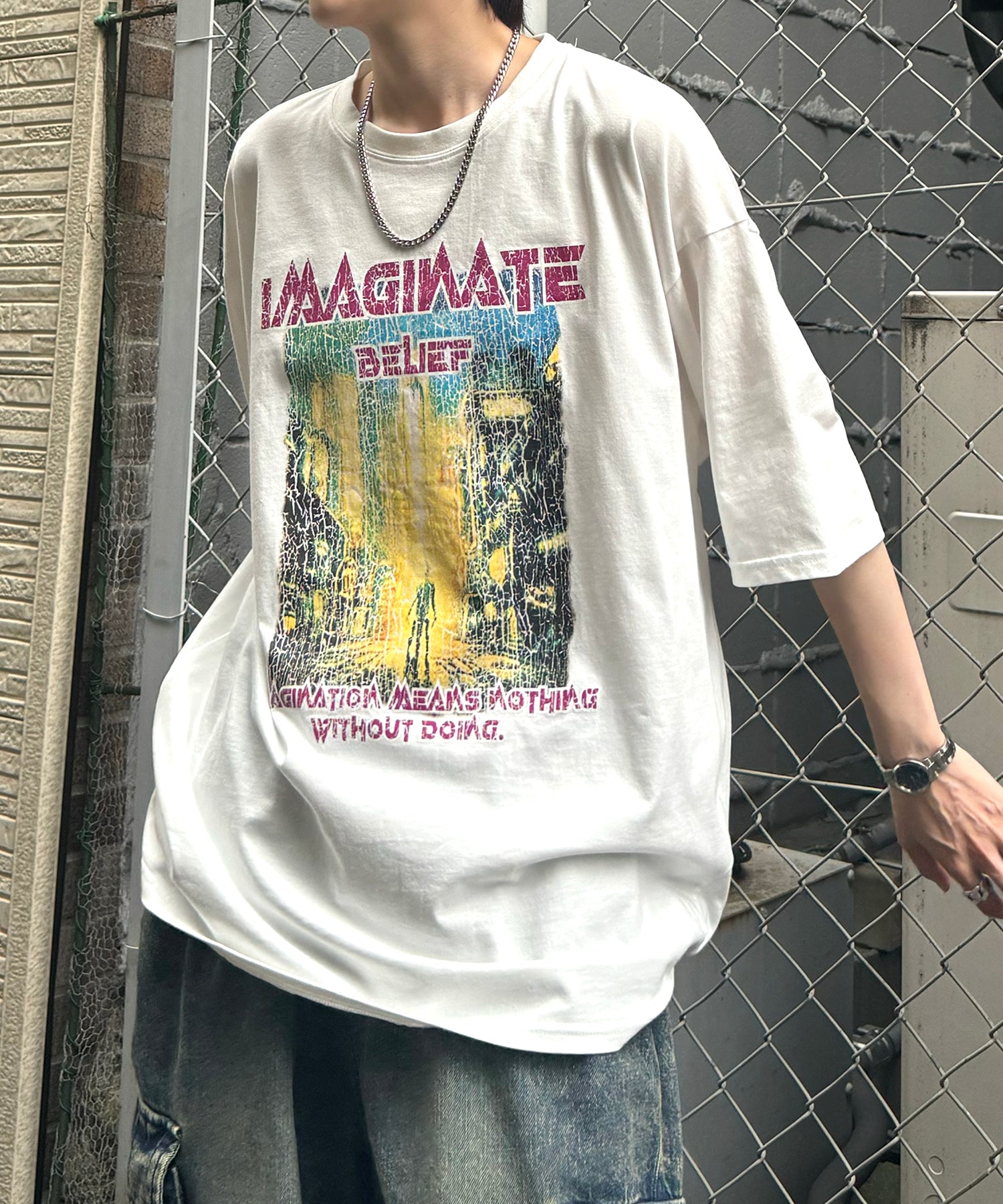 ヴィンテージライク ロックプリント レトロ ピグメント加工 ビッグシルエット半袖バンドTシャツ