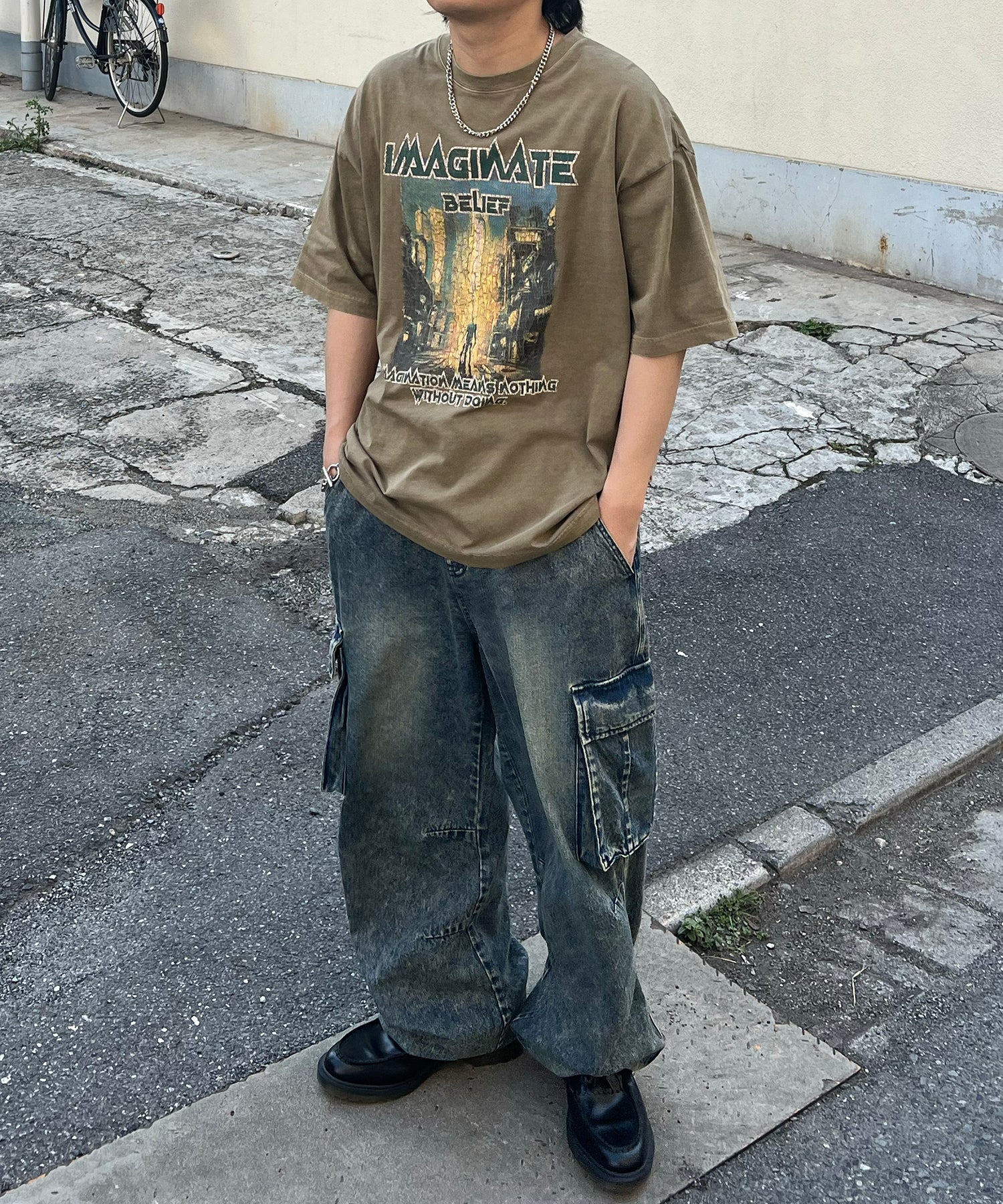 ヴィンテージライク ロックプリント レトロ ピグメント加工 ビッグシルエット半袖バンドTシャツ