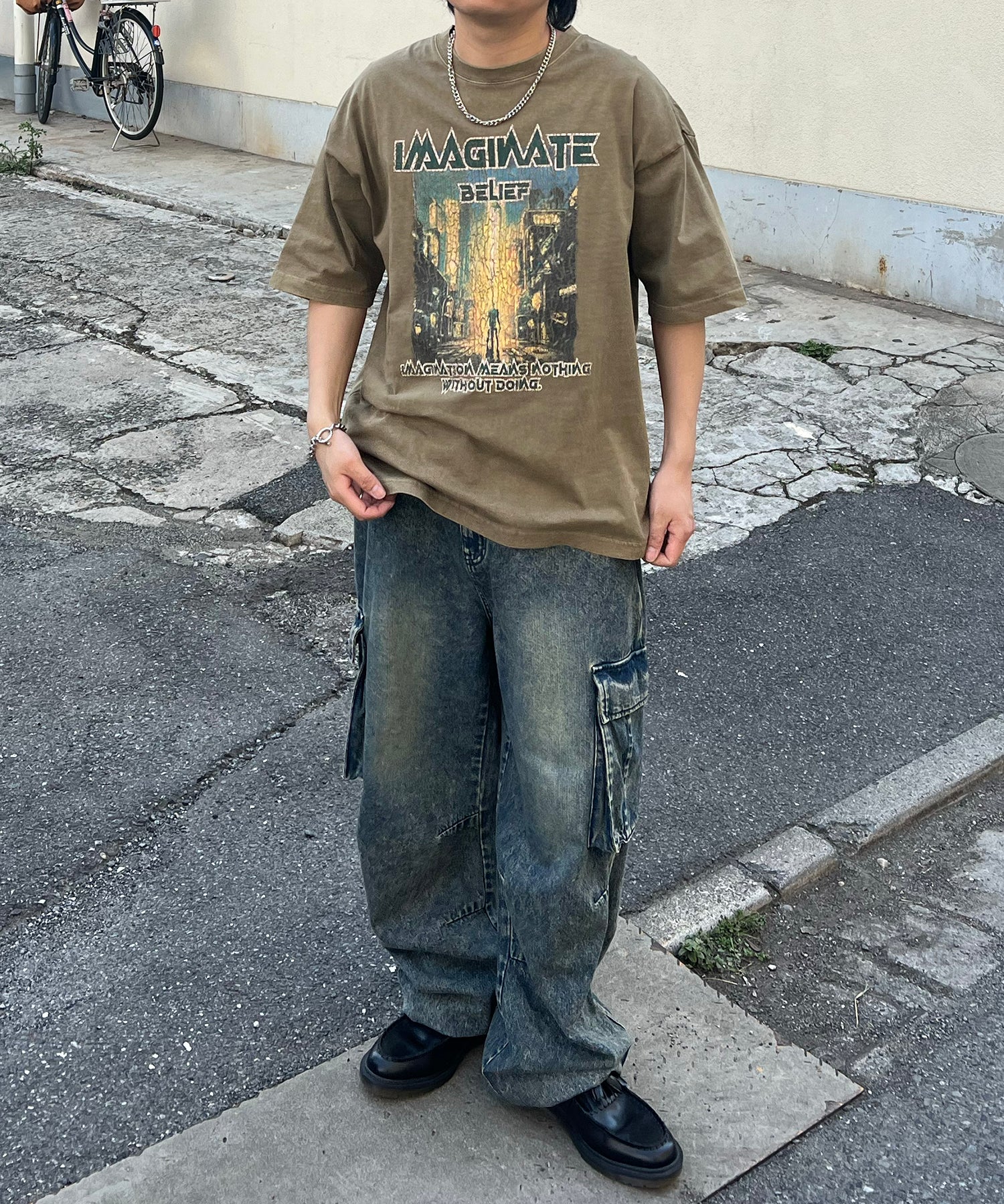 ヴィンテージライク ロックプリント レトロ ピグメント加工 ビッグシルエット半袖バンドTシャツ