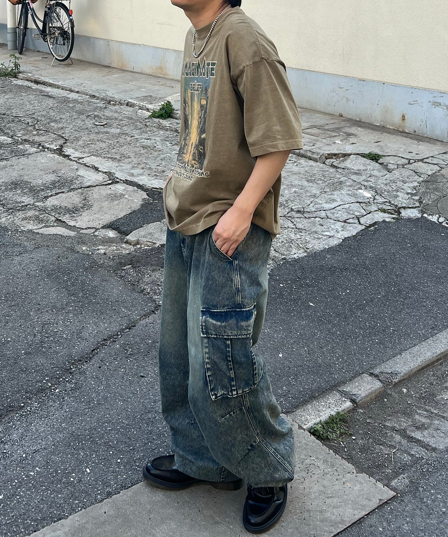 ヴィンテージライク ロックプリント レトロ ピグメント加工 ビッグシルエット半袖バンドTシャツ