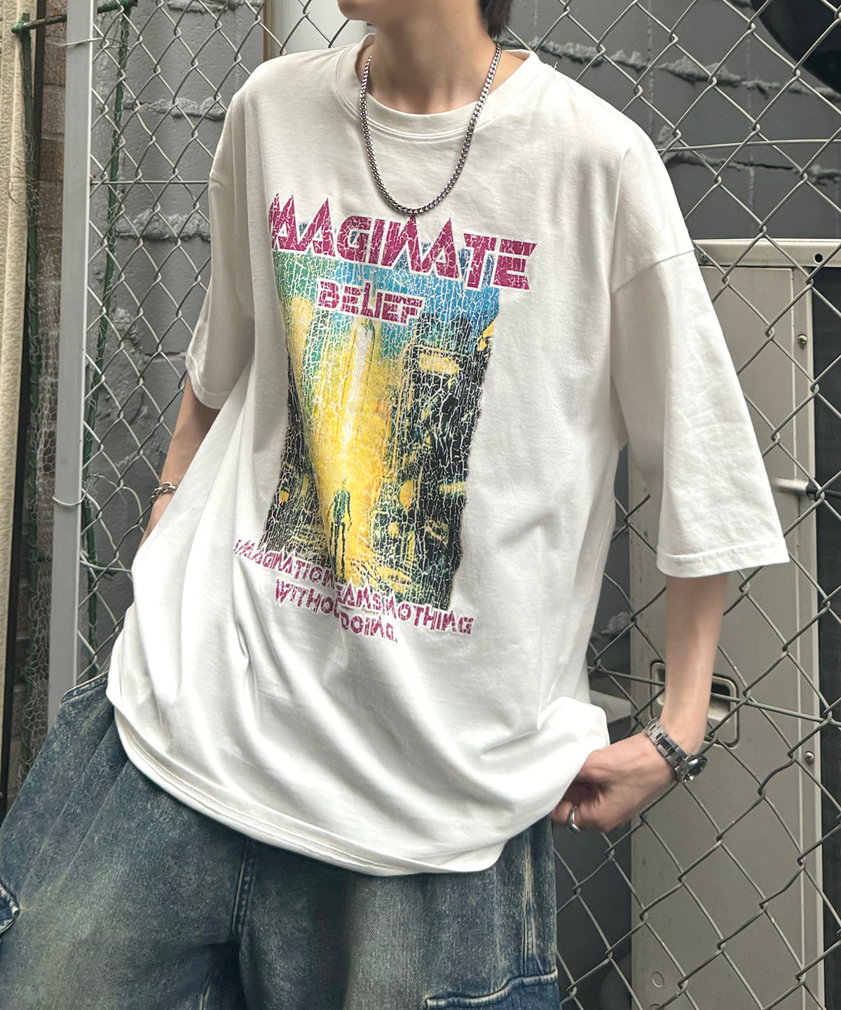 ヴィンテージライク ロックプリント レトロ ピグメント加工 ビッグシルエット半袖バンドTシャツ