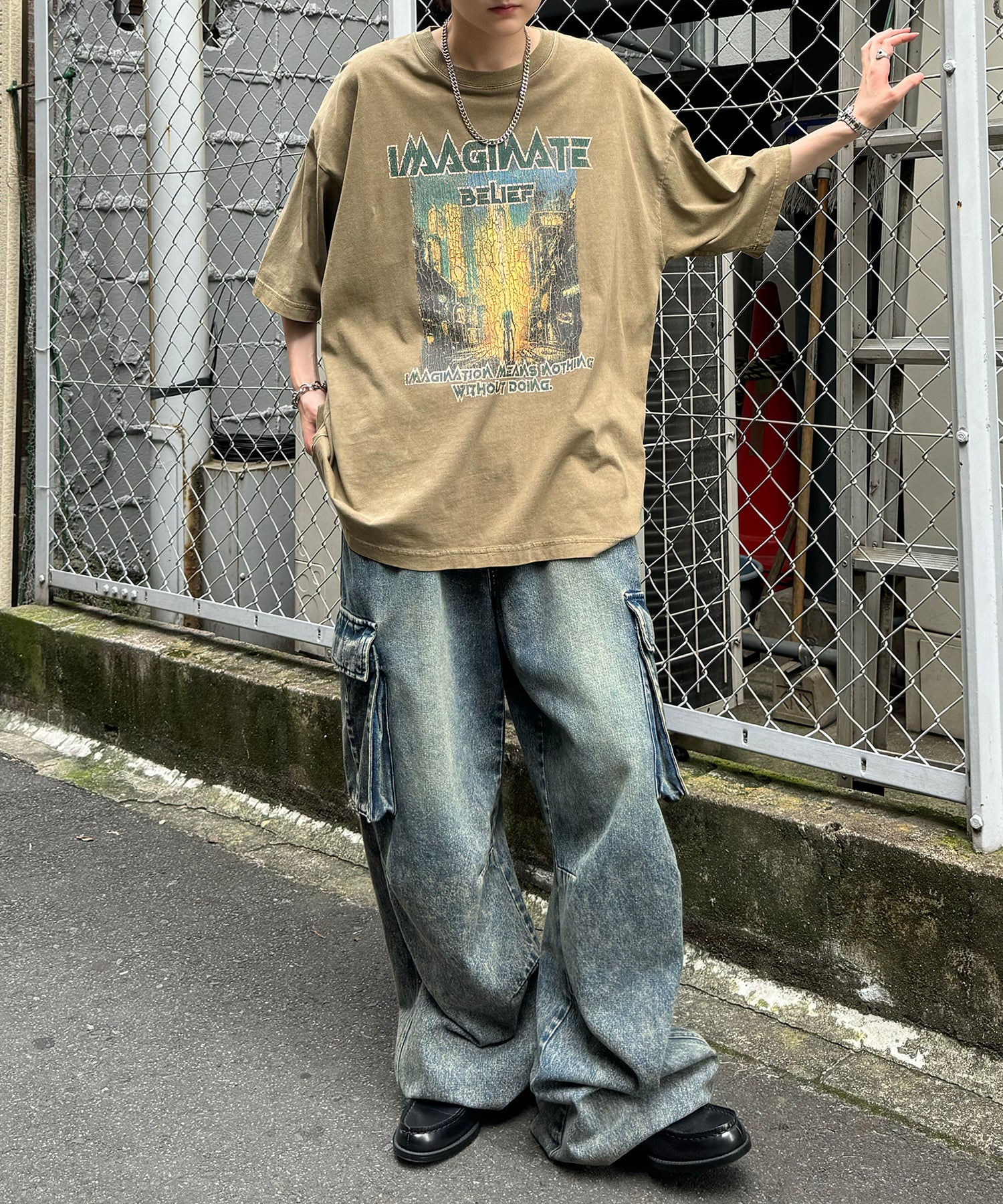 ヴィンテージライク ロックプリント レトロ ピグメント加工 ビッグシルエット半袖バンドTシャツ