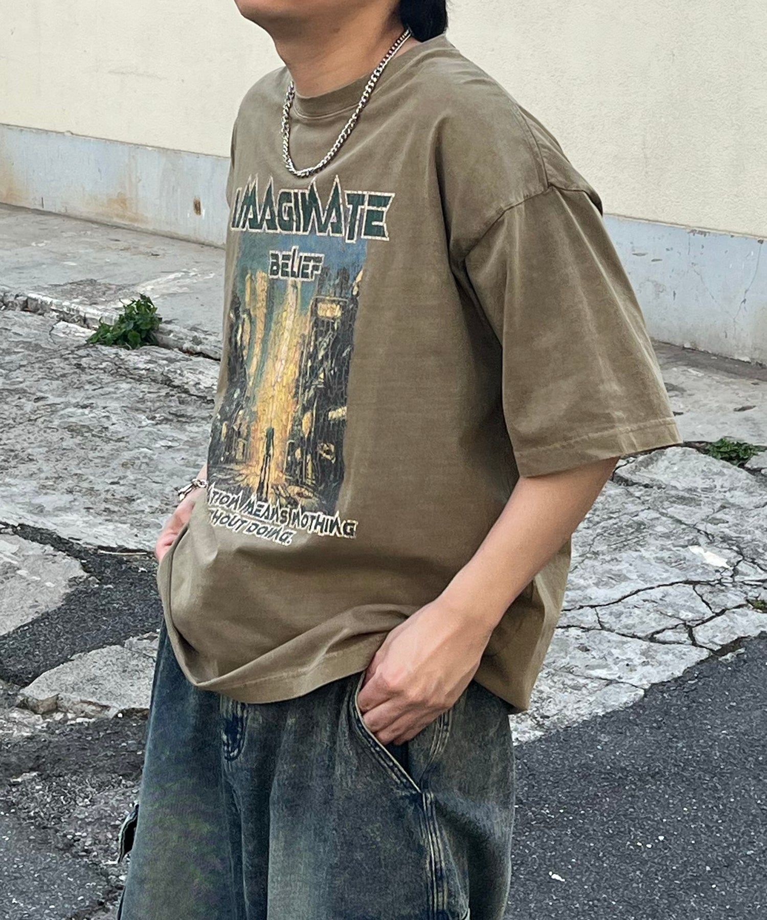 ヴィンテージライク ロックプリント レトロ ピグメント加工 ビッグシルエット半袖バンドTシャツ