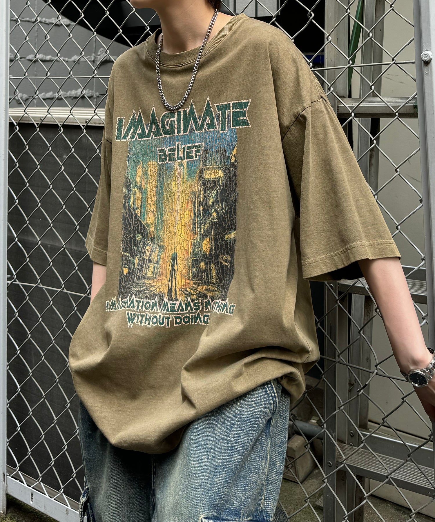 ヴィンテージライク ロックプリント レトロ ピグメント加工 ビッグシルエット半袖バンドTシャツ