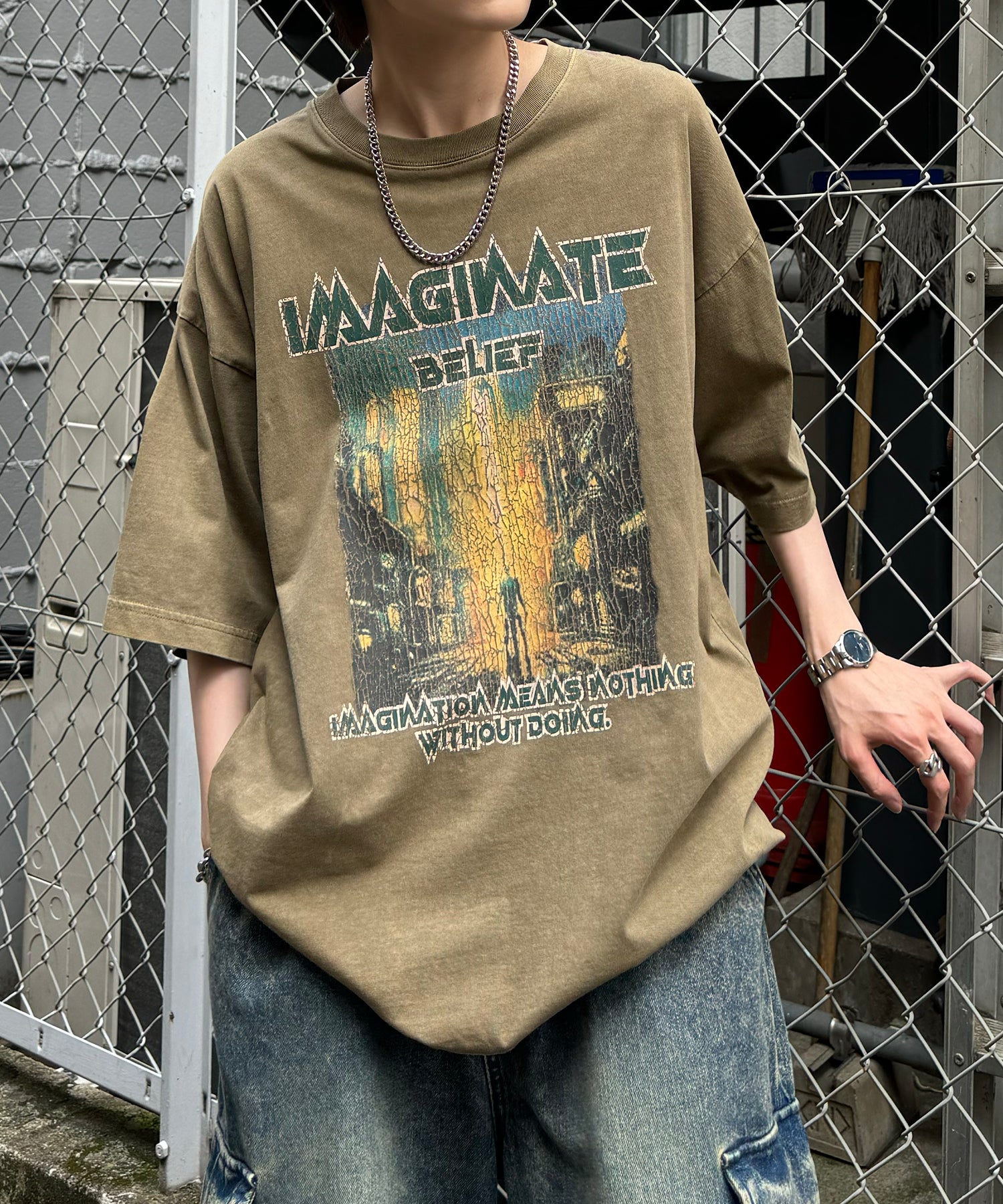 ヴィンテージライク ロックプリント レトロ ピグメント加工 ビッグシルエット半袖バンドTシャツ