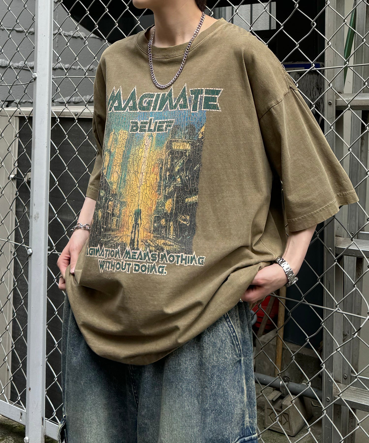 ヴィンテージライク ロックプリント レトロ ピグメント加工 ビッグシルエット半袖バンドTシャツ