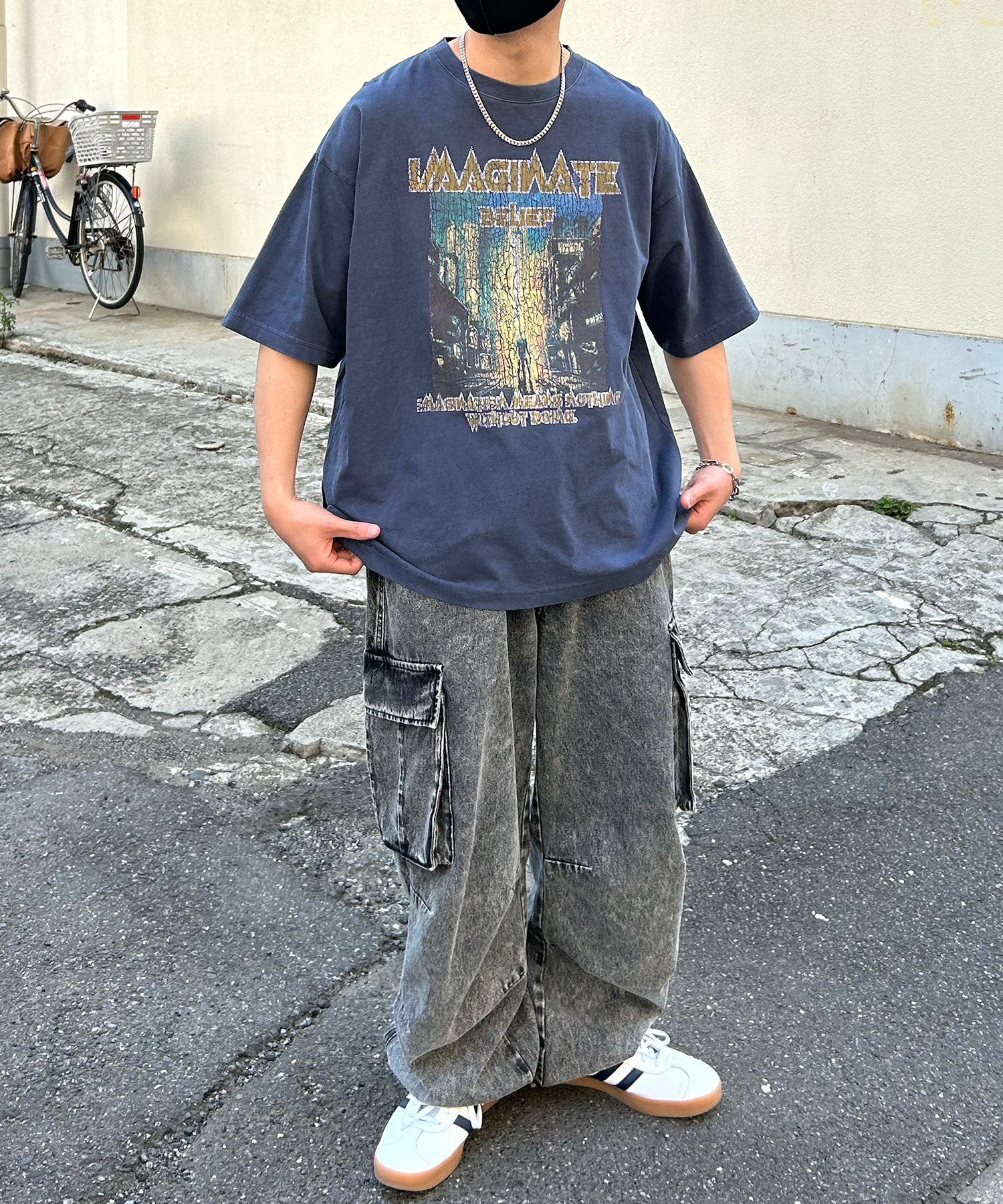 ヴィンテージライク ロックプリント レトロ ピグメント加工 ビッグシルエット半袖バンドTシャツ