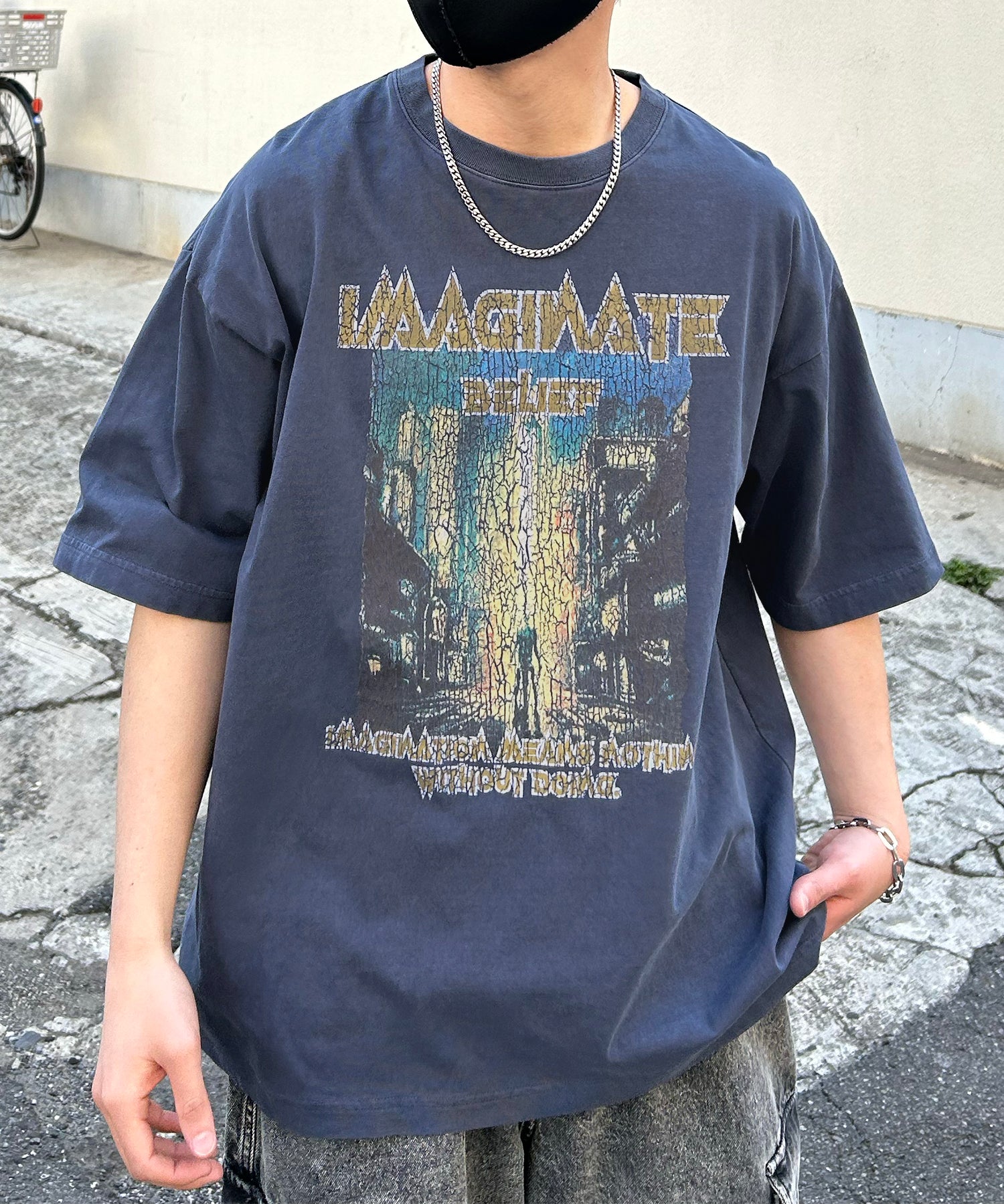 ヴィンテージライク ロックプリント レトロ ピグメント加工 ビッグシルエット半袖バンドTシャツ